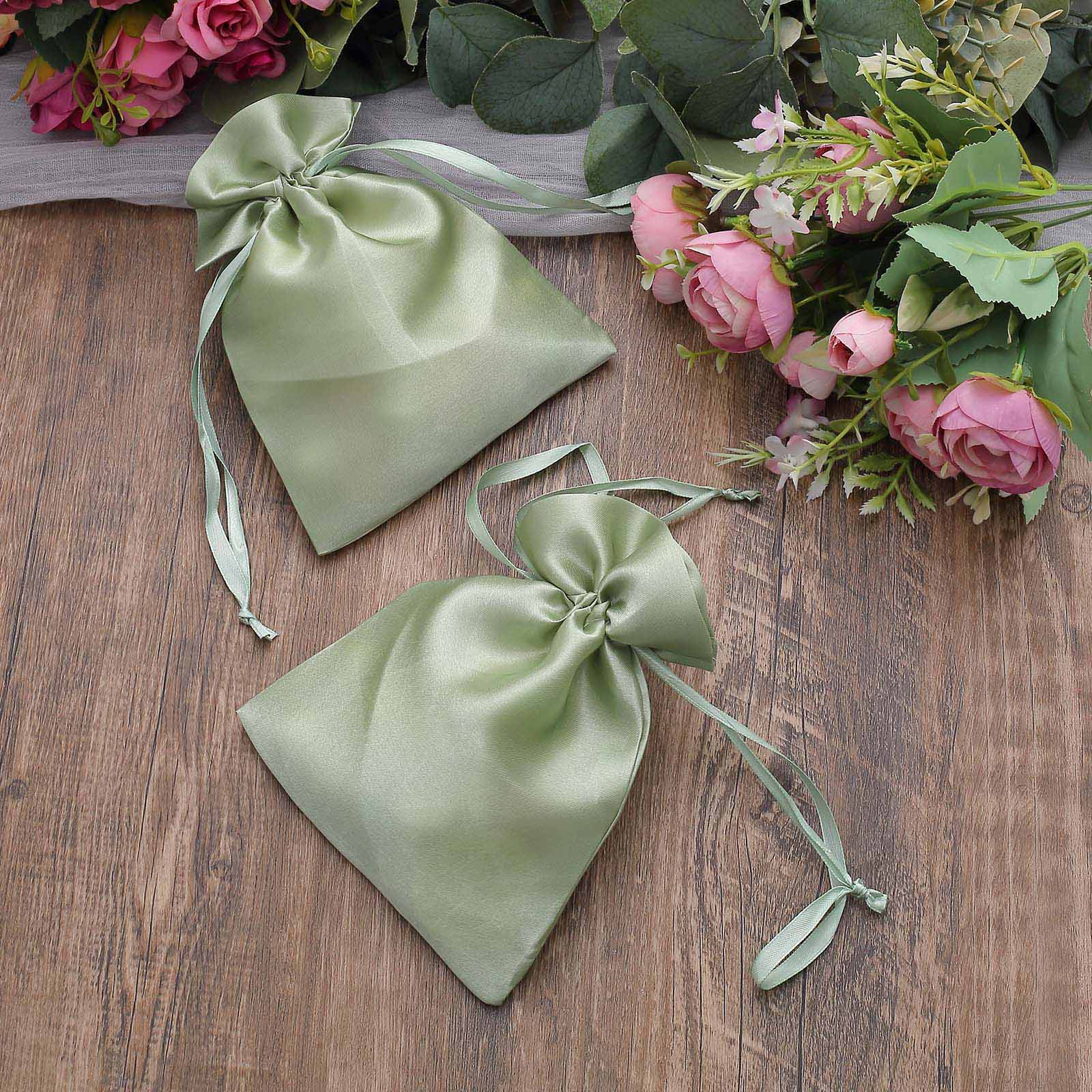 12 Pack | 5x7inch Sage Green Satin Wedding Party Favor Bags, Drawstring Pouch Gift Bags