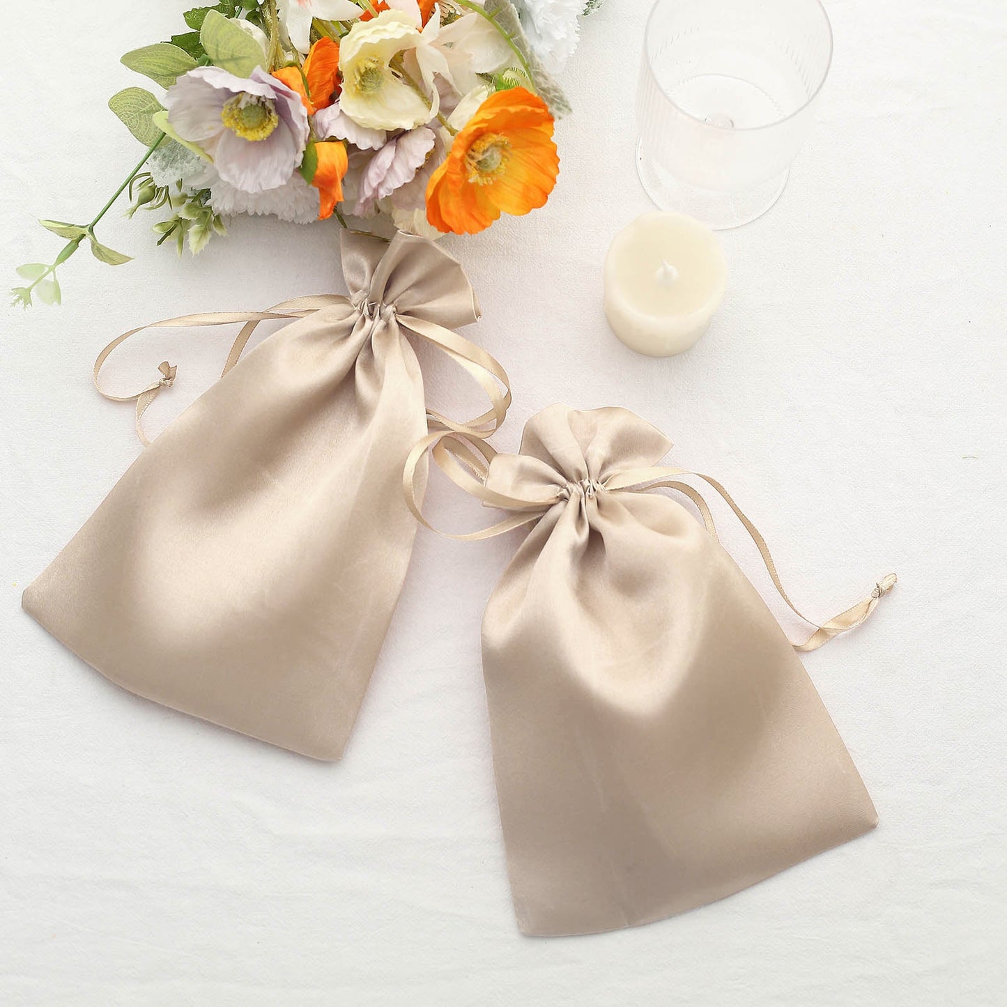 12 Pack | 6inch x 9inch Beige Satin Drawstring Wedding Party Favor Gift Bags