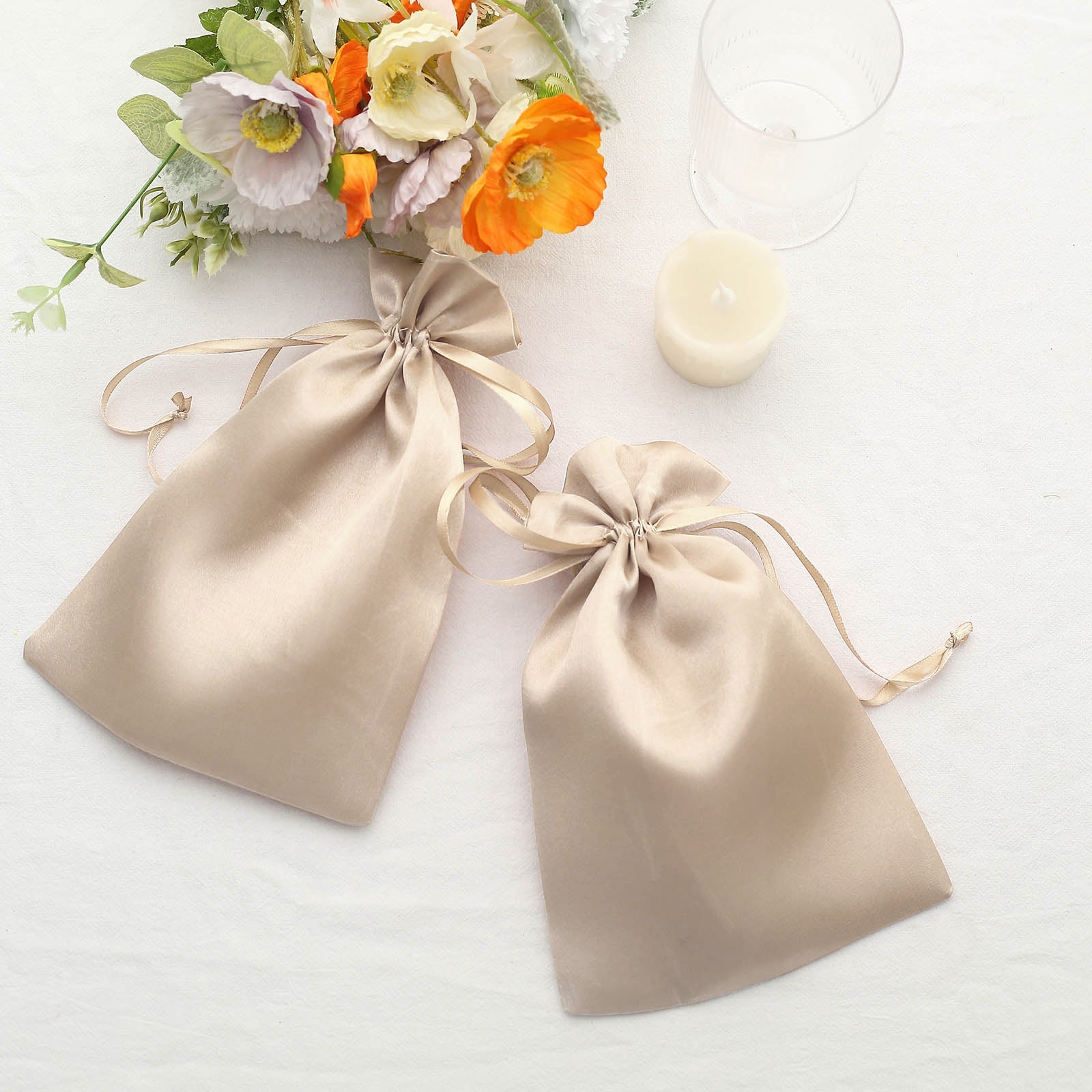 12 Pack | 6inch x 9inch Beige Satin Drawstring Wedding Party Favor Gift Bags