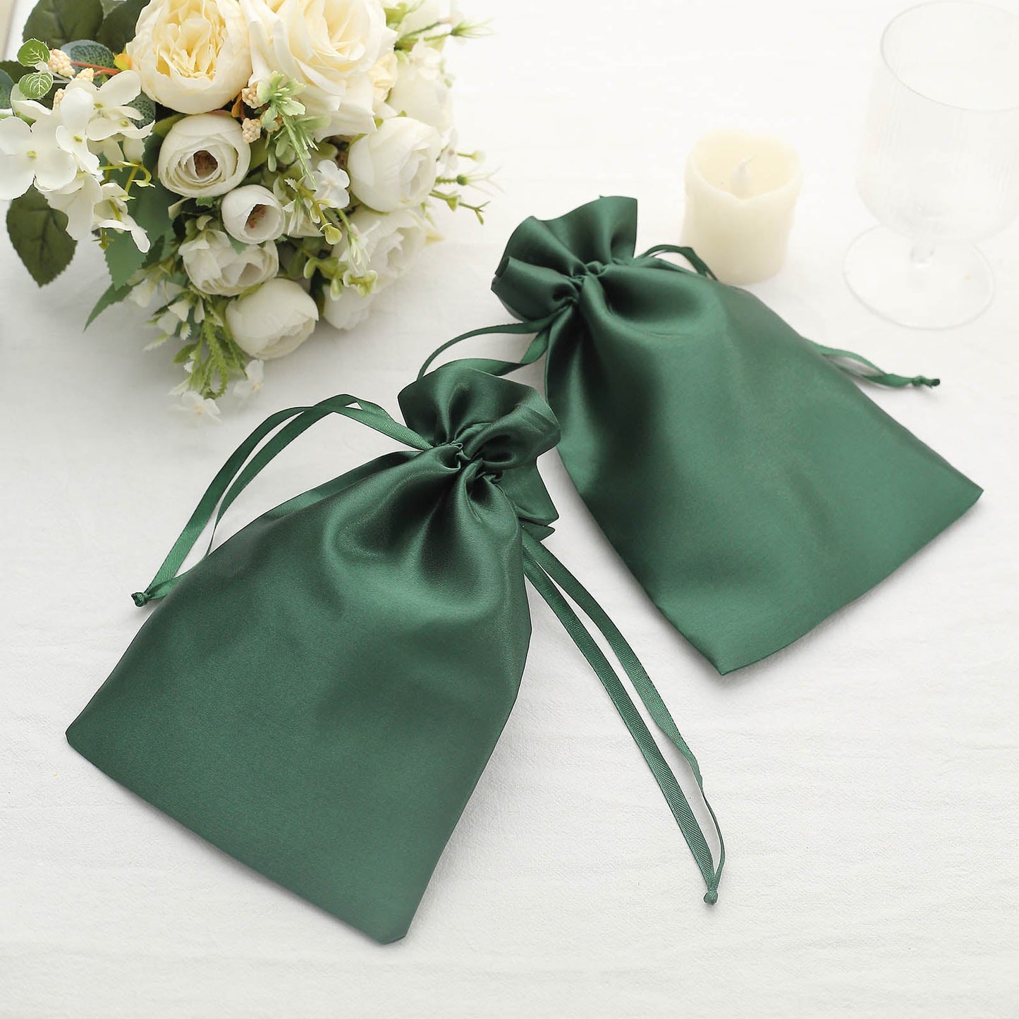12 Pack | 6"x9" Hunter Emerald Green Satin Wedding Party Favor Bags, Drawstring Pouch Gift Bags