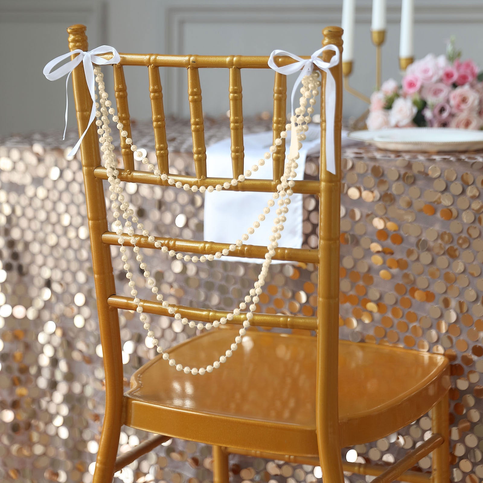 Ivory pearl beaded wedding chair back garland sash decoration.