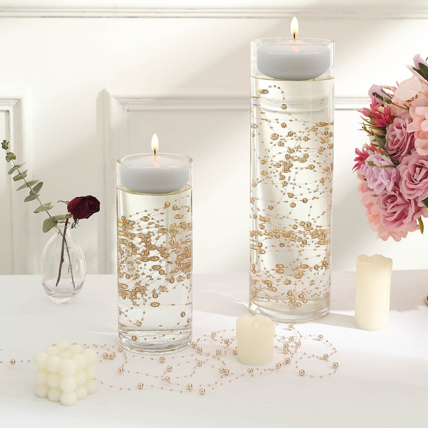 Rose gold pearl vase filler for candles, elegant table centerpiece decor.