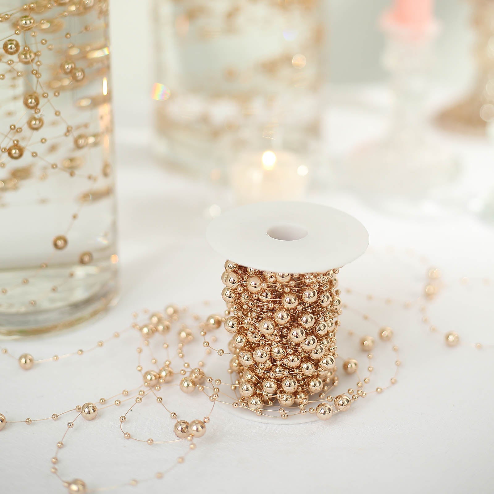 Rose gold pearl vase filler for floating candles and table decor.