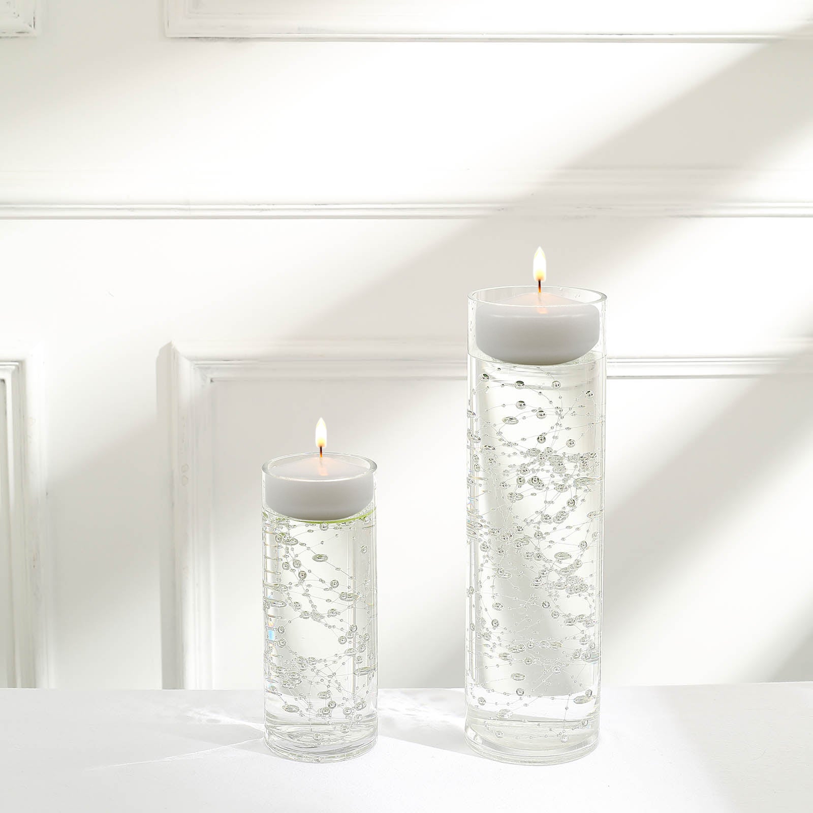 Silver vase filler for floating candles, elegant table centerpiece decor.