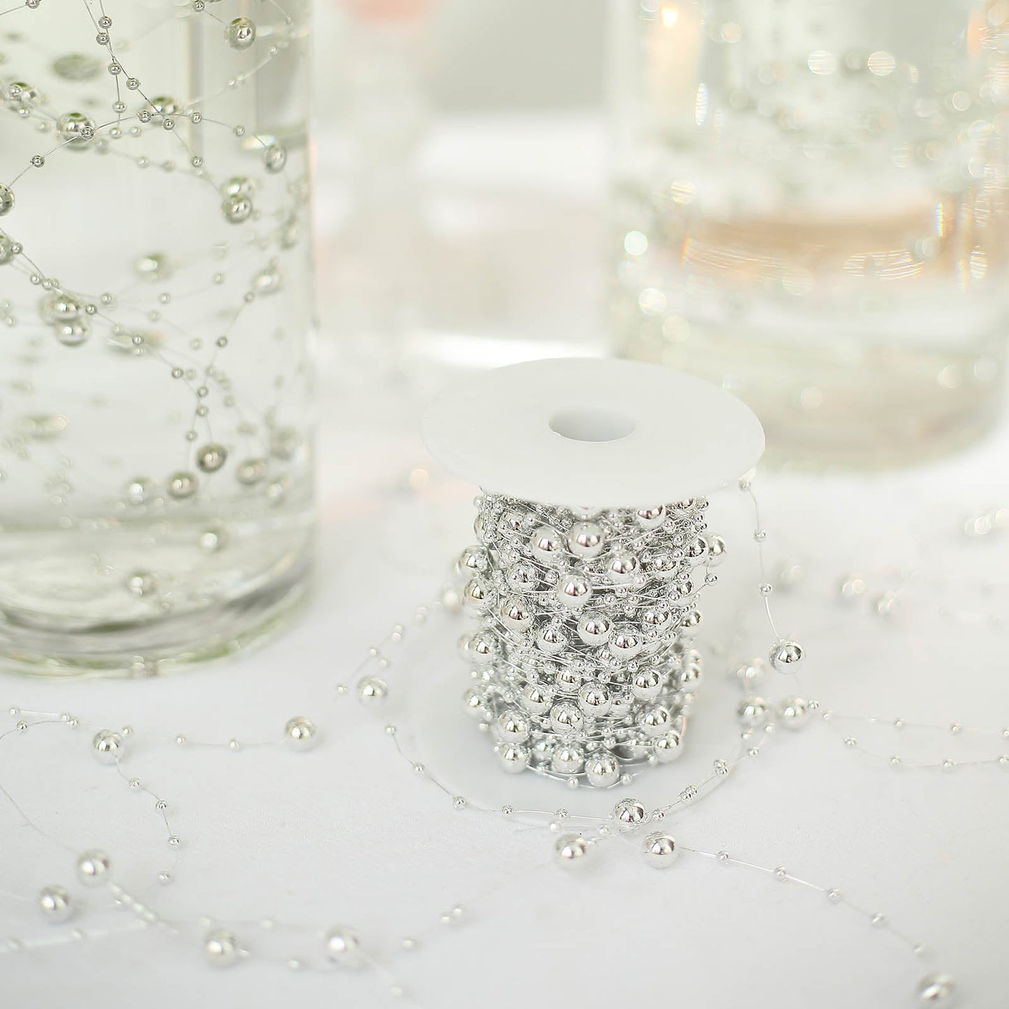 Silver pearl vase filler for floating candles, table centerpiece decor.