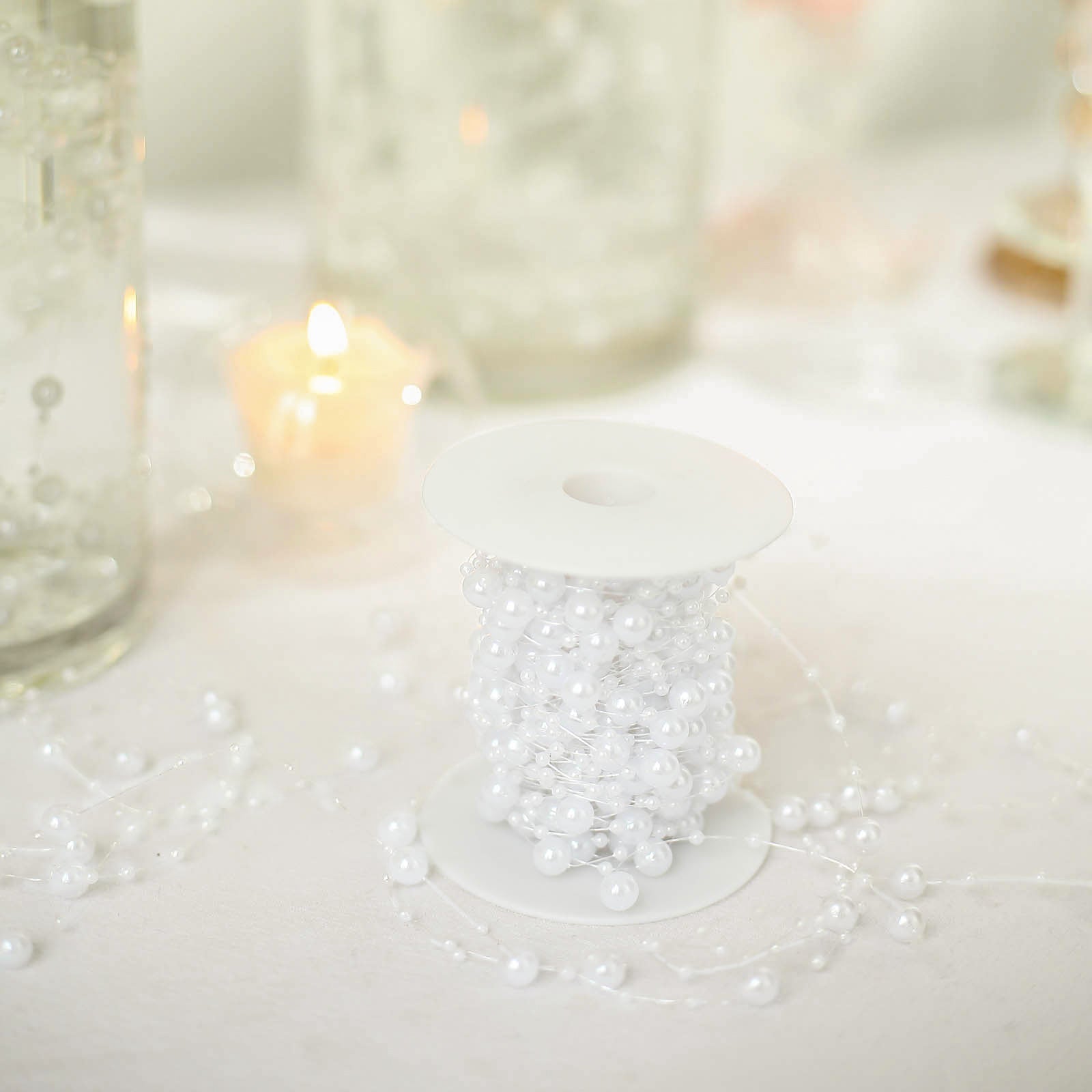 100ft | White Artificial DIY Craft Fishing Line Pearl Chains, Faux Pearl String Beads Vase Filler Garland Roll