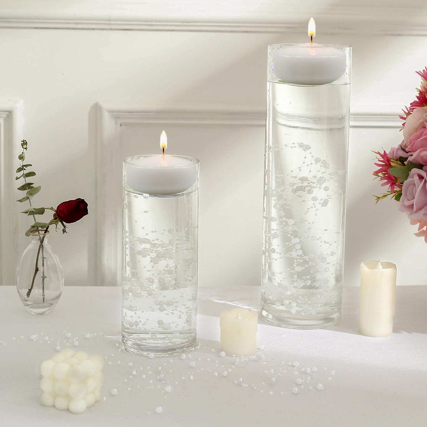 100ft | White Artificial DIY Craft Fishing Line Pearl Chains, Faux Pearl String Beads Vase Filler Garland Roll