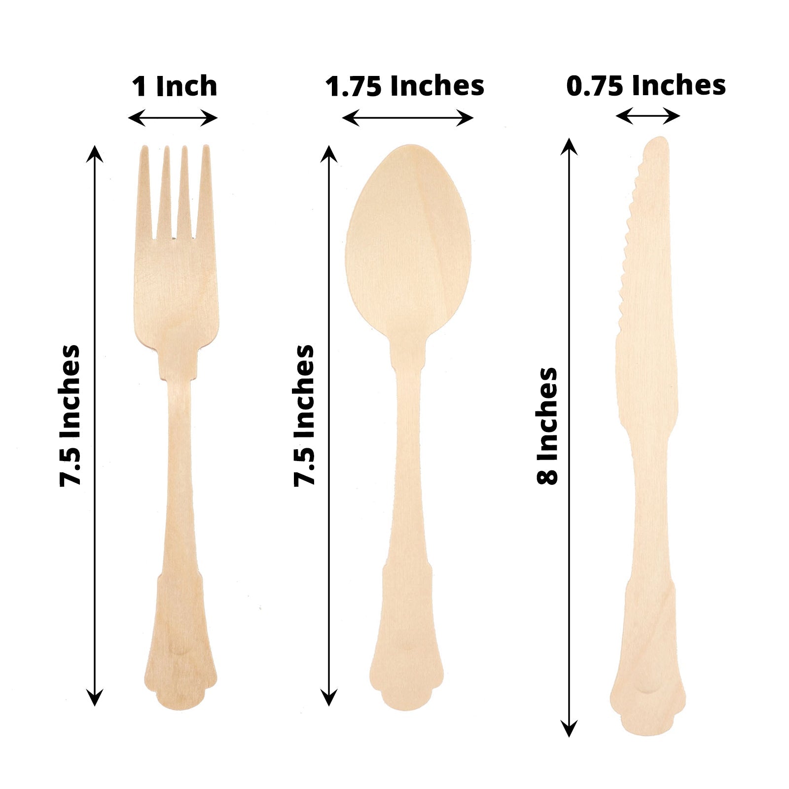 Vintage Baroque design disposable wooden utensil set in natural wood color.