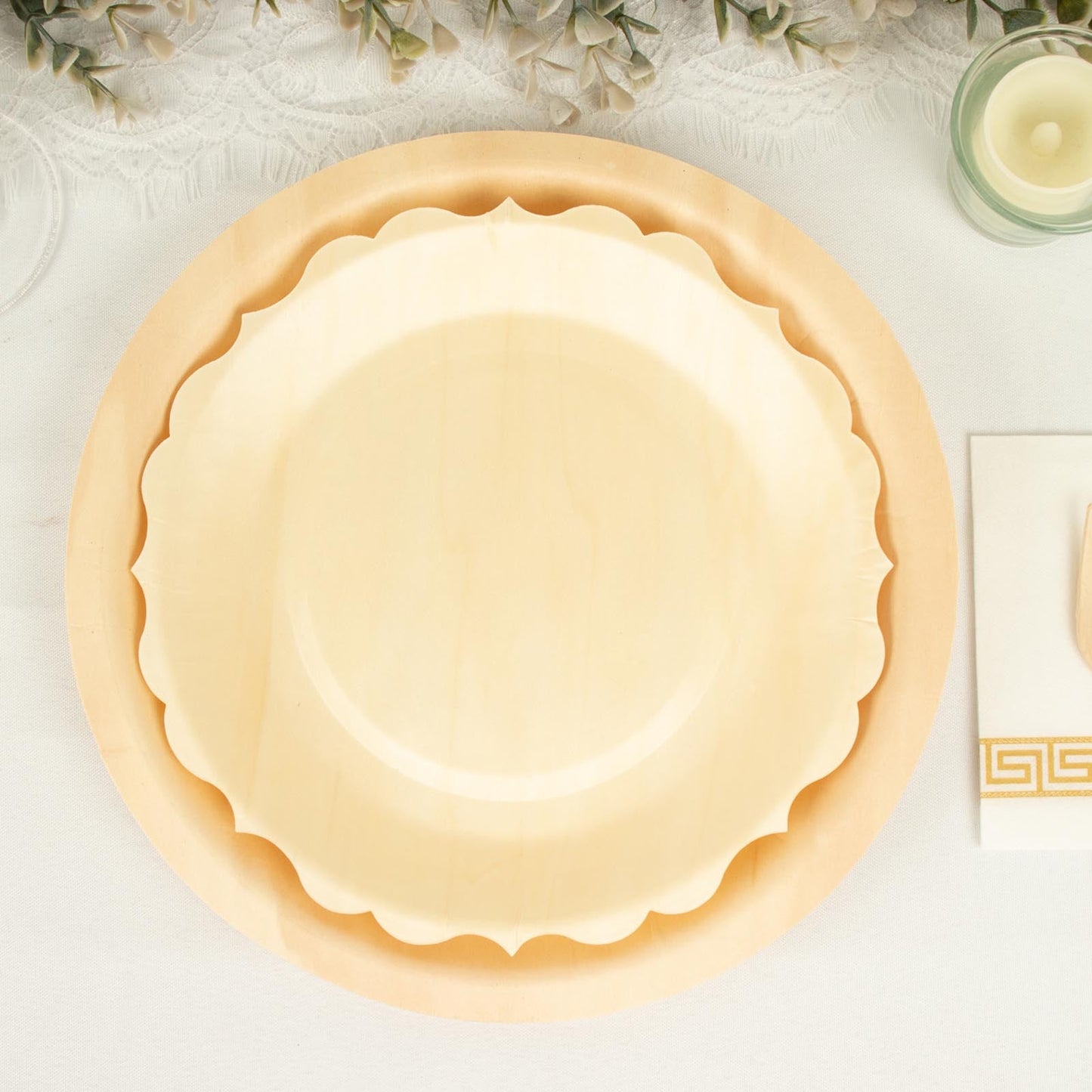Disposable Dinner Plates - 12 Pack Of Natural Birch Wood With Scalloped Edges