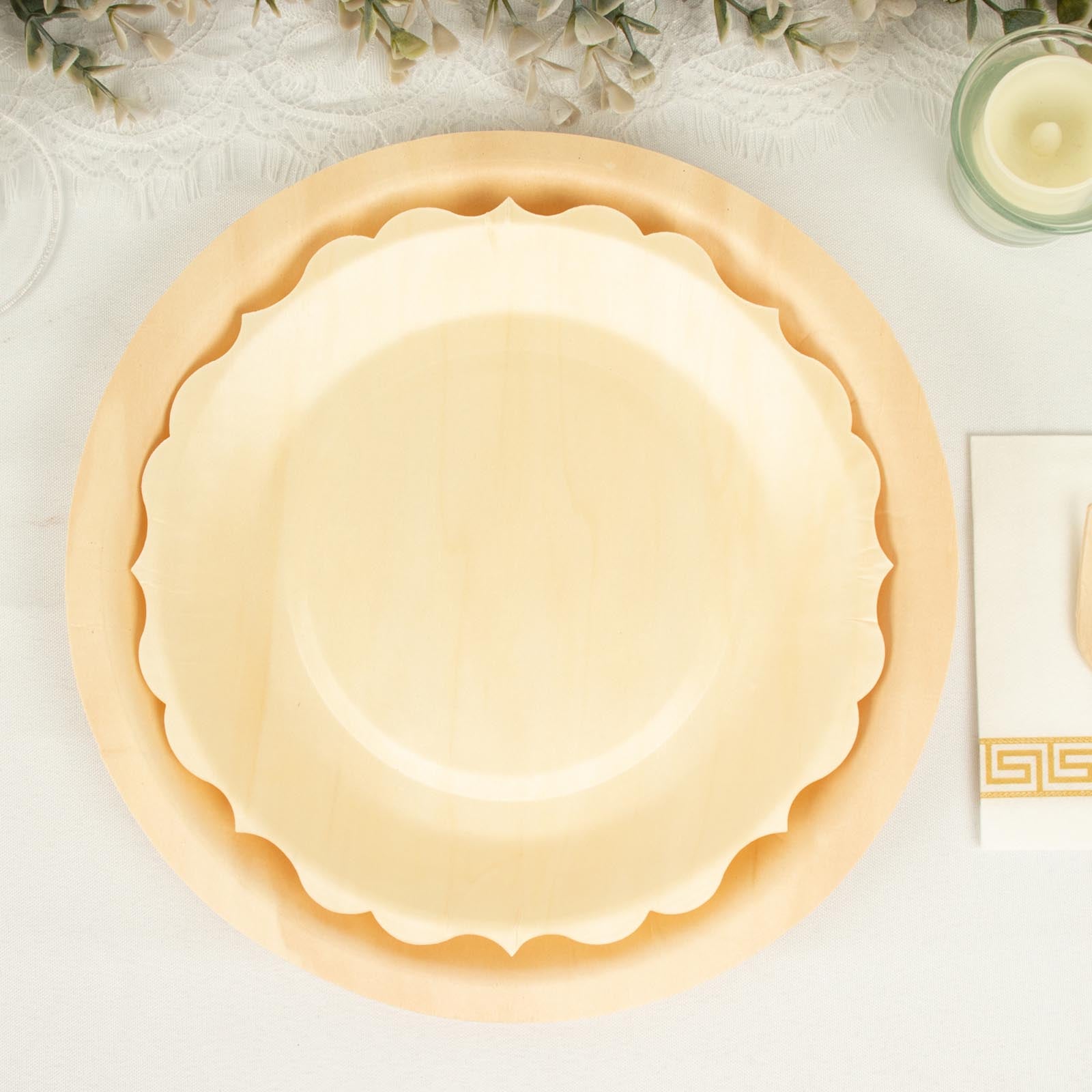 Disposable Dinner Plates - 12 Pack Of Natural Birch Wood With Scalloped Edges