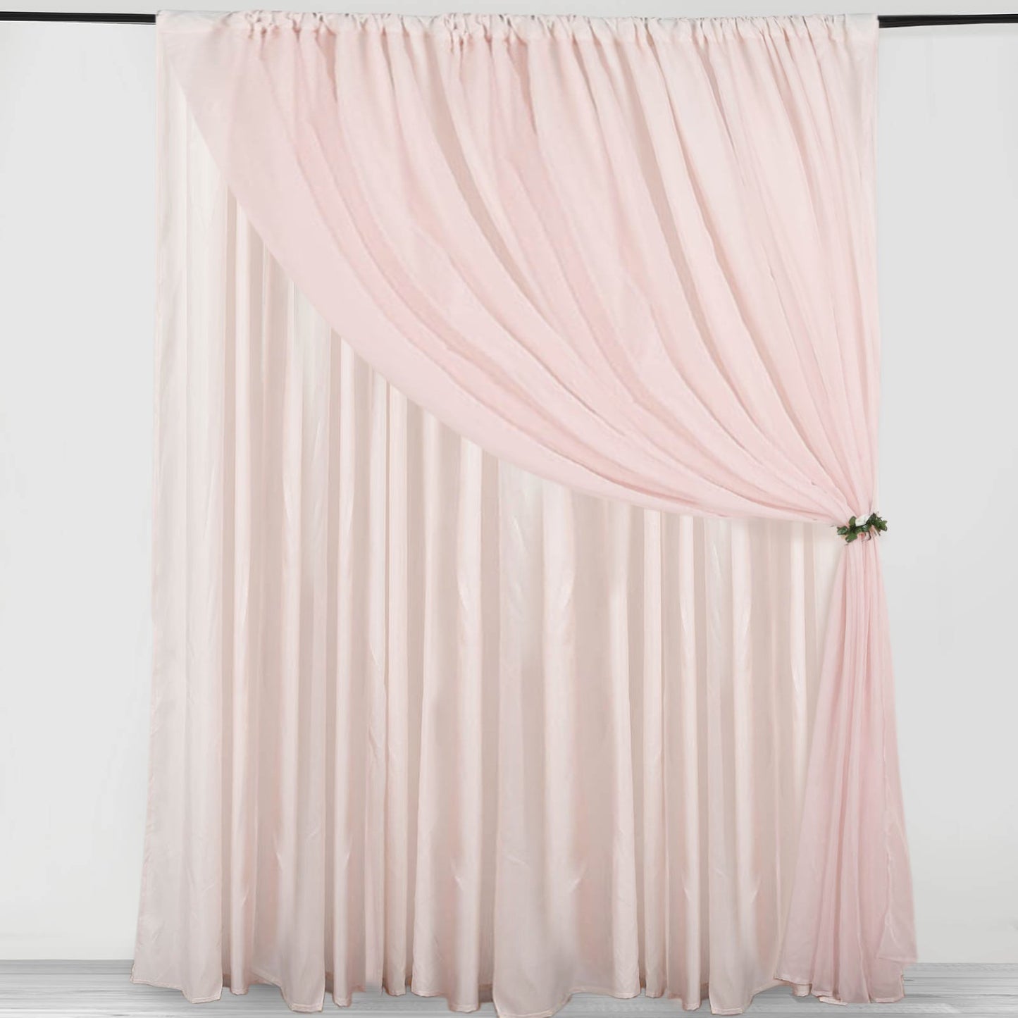 Blush chiffon polyester event curtain drapes backdrop panel.
