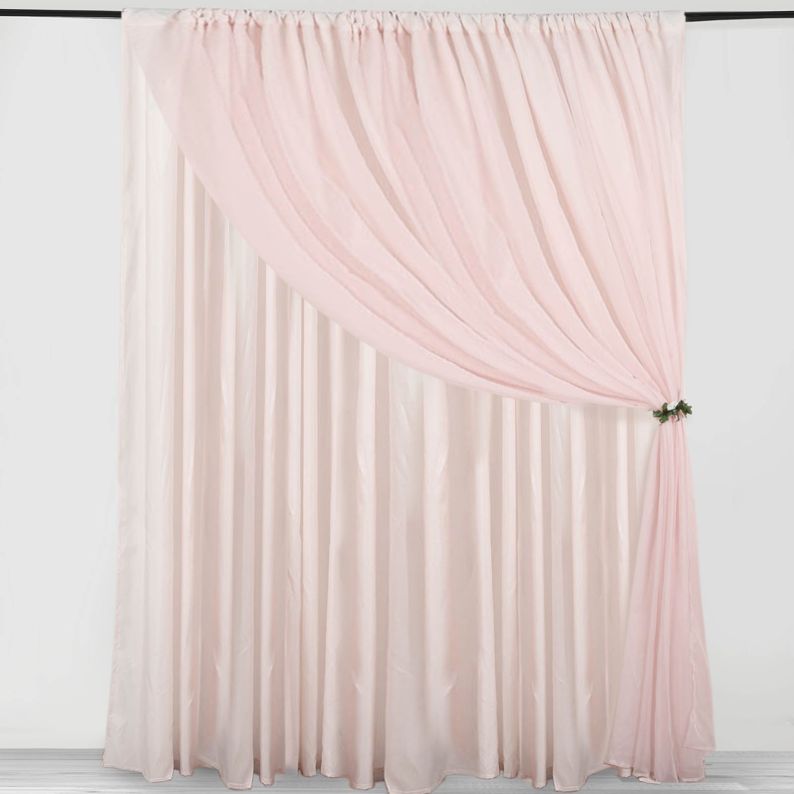 Blush chiffon polyester event curtain drapes backdrop panel.