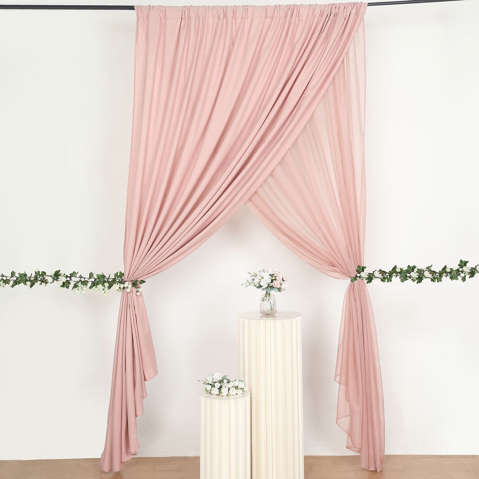 Dusty rose chiffon curtain drapes with dual layer design and rod pockets.