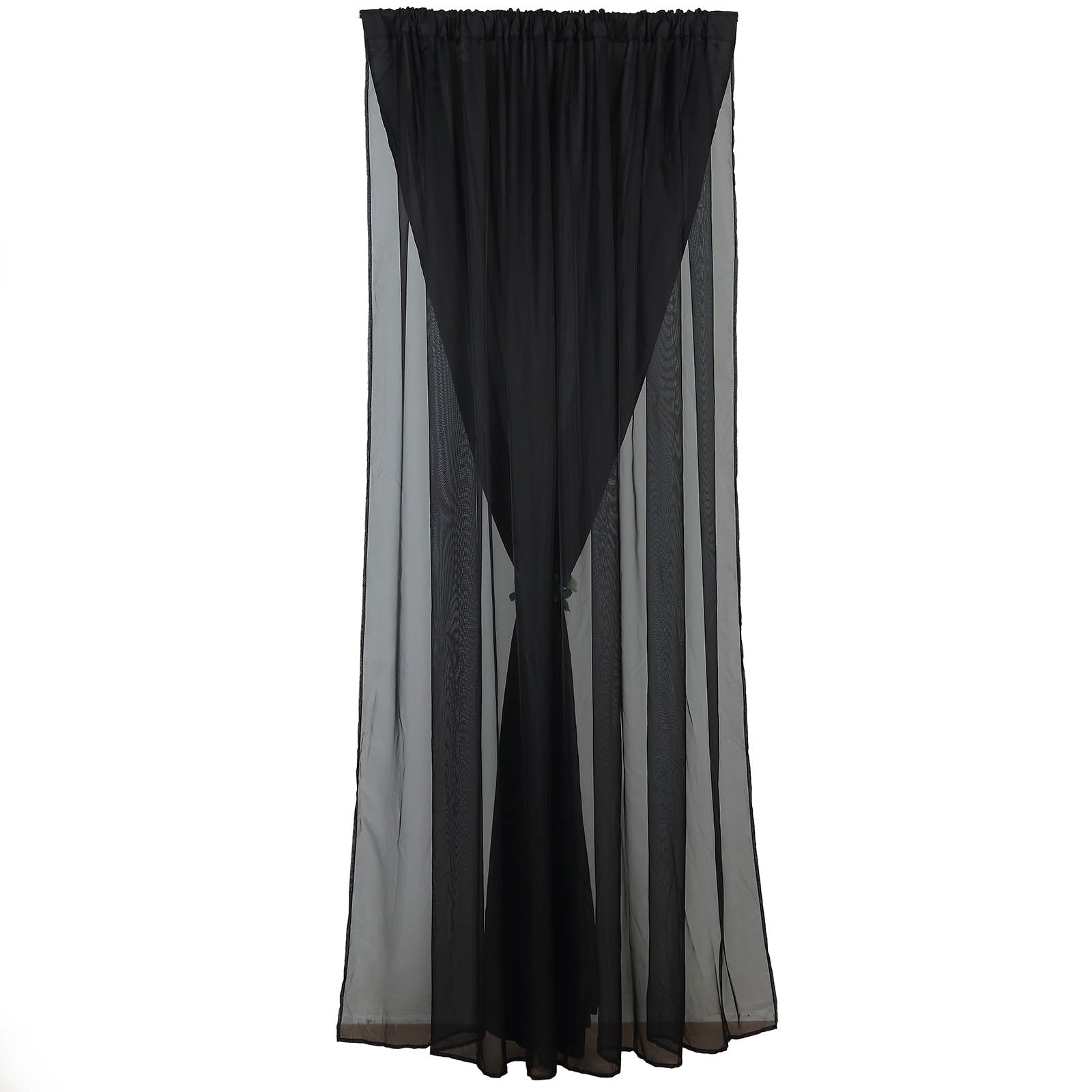 Black chiffon polyester event curtain drapes, dual layer backdrop panel.
