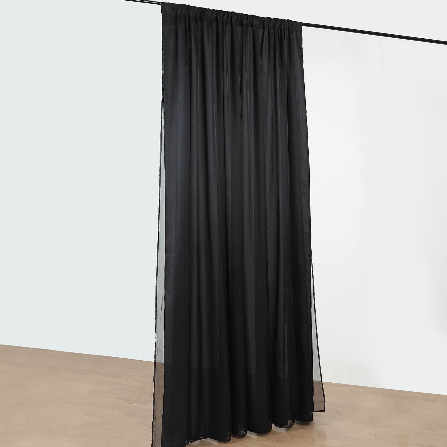 Black chiffon polyester event curtain drapes, 10ftx10ft dual layer backdrop.