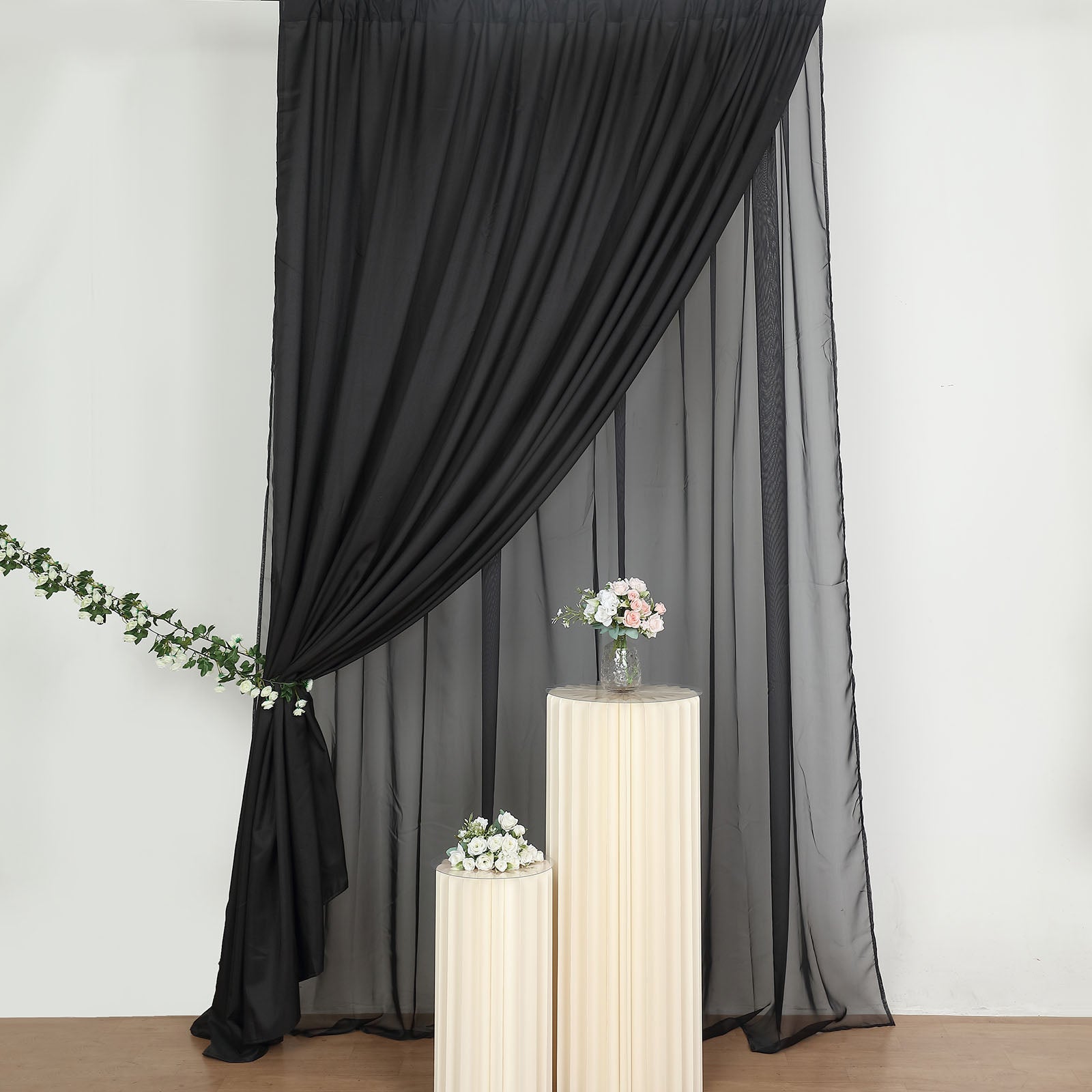 Black chiffon polyester event curtain drapes, dual layer backdrop panels.