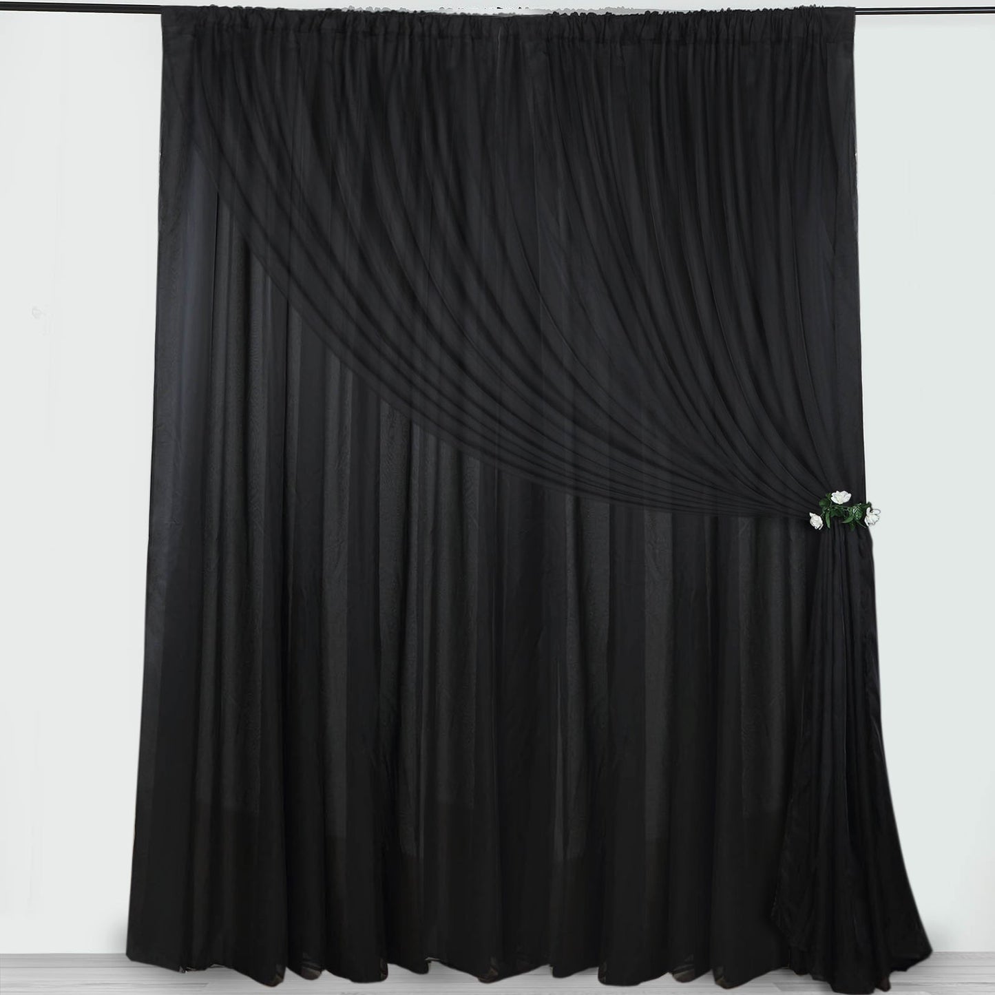 Black chiffon polyester event curtain drapes, dual layer backdrop panels.