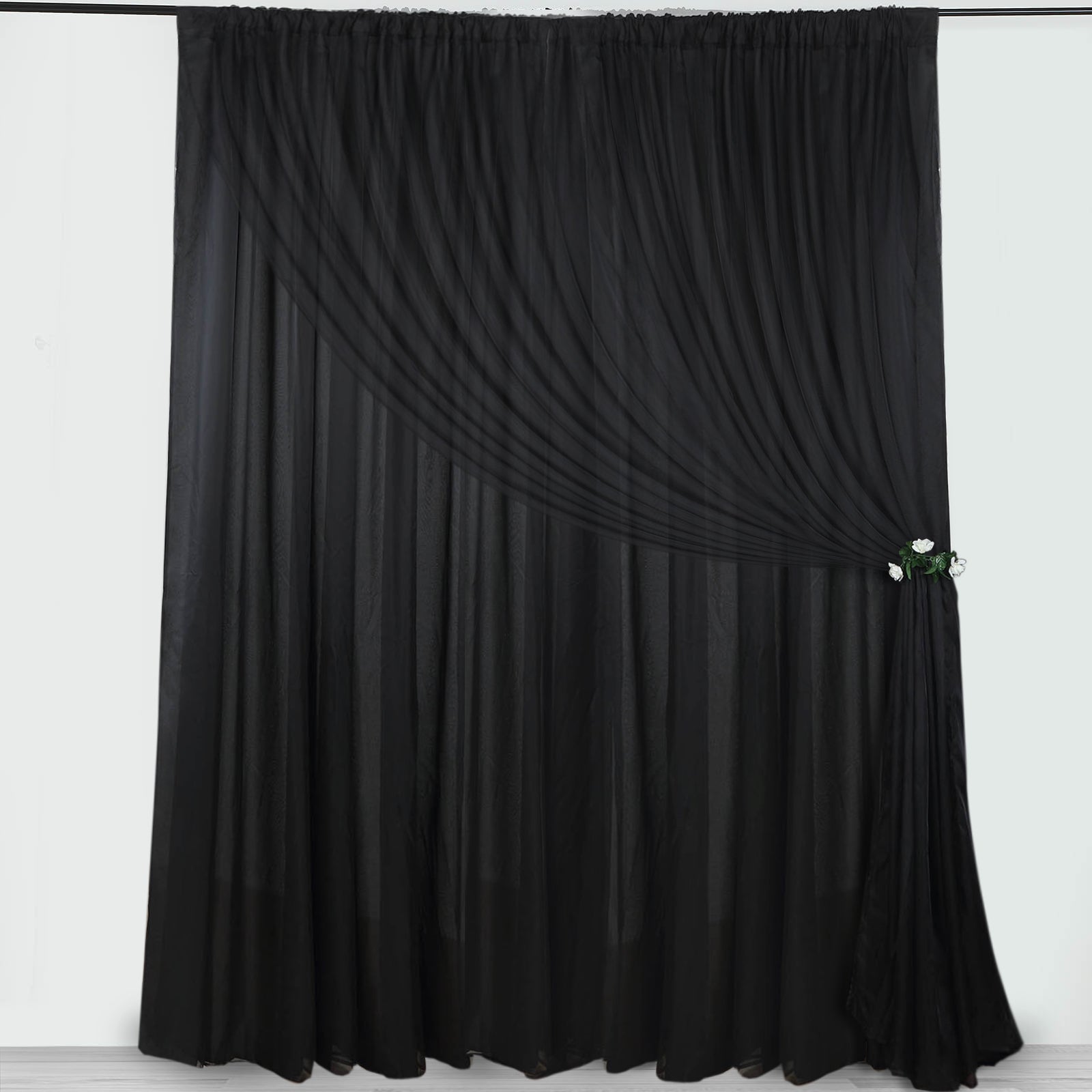 Black chiffon polyester event curtain drapes, dual layer backdrop panels.