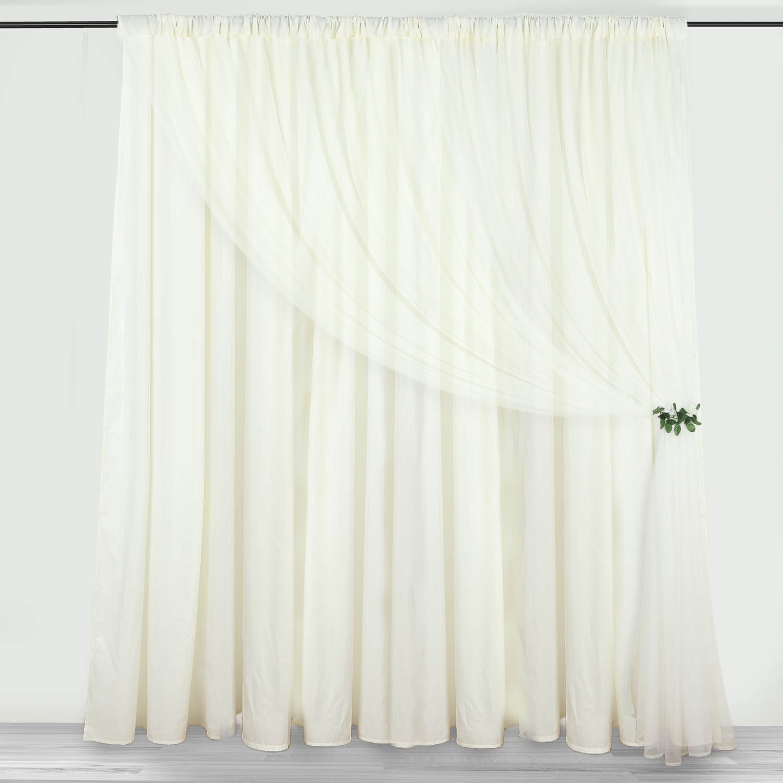 Ivory chiffon polyester event curtain drapes with dual layer design.