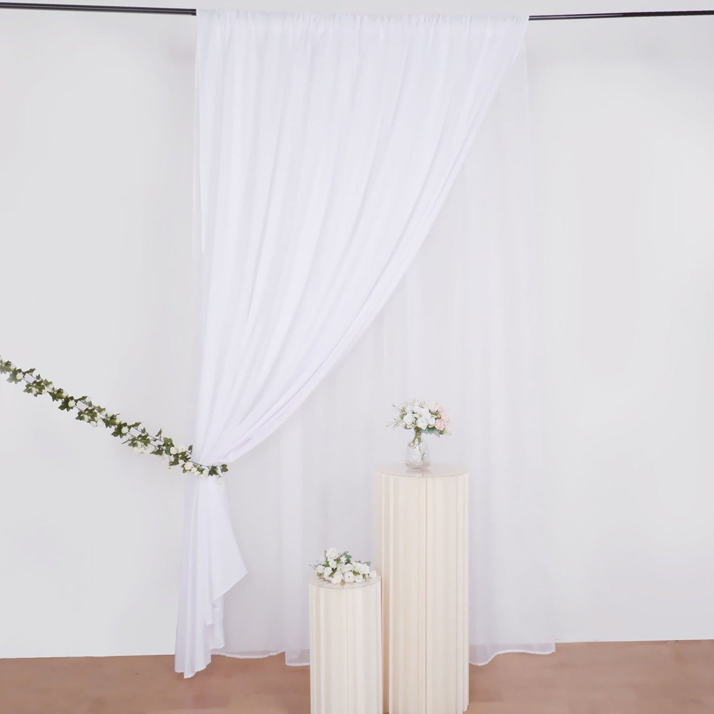 White Chiffon Polyester Event Curtain Drapes, Dual Layer Divider Backdrop Curtain Panels with Rod Pockets - 10ftx10ft