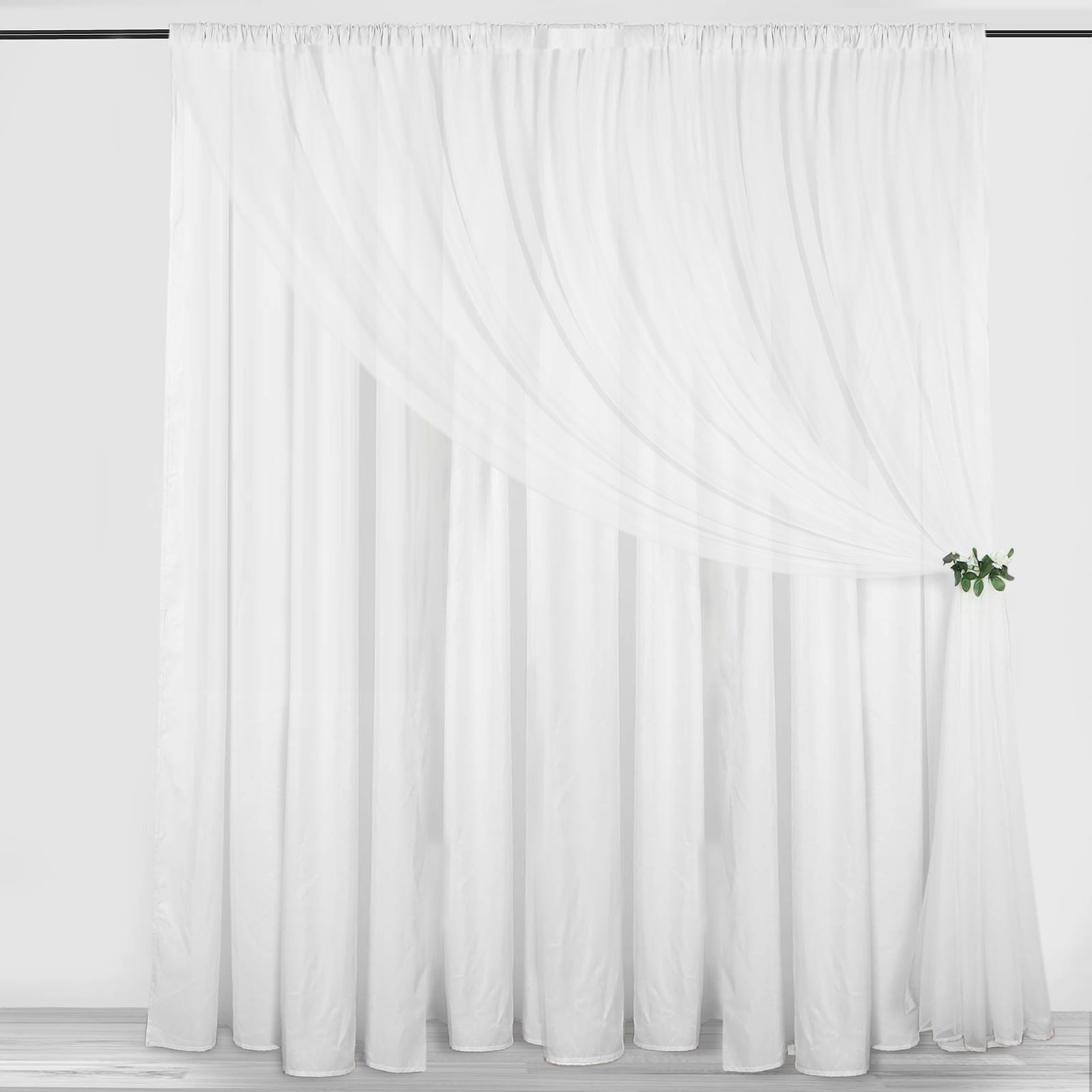 10 Feet x 10 Feet White Dual Layer Polyester & Sheer Chiffon Backdrop Curtains with Rod Pockets