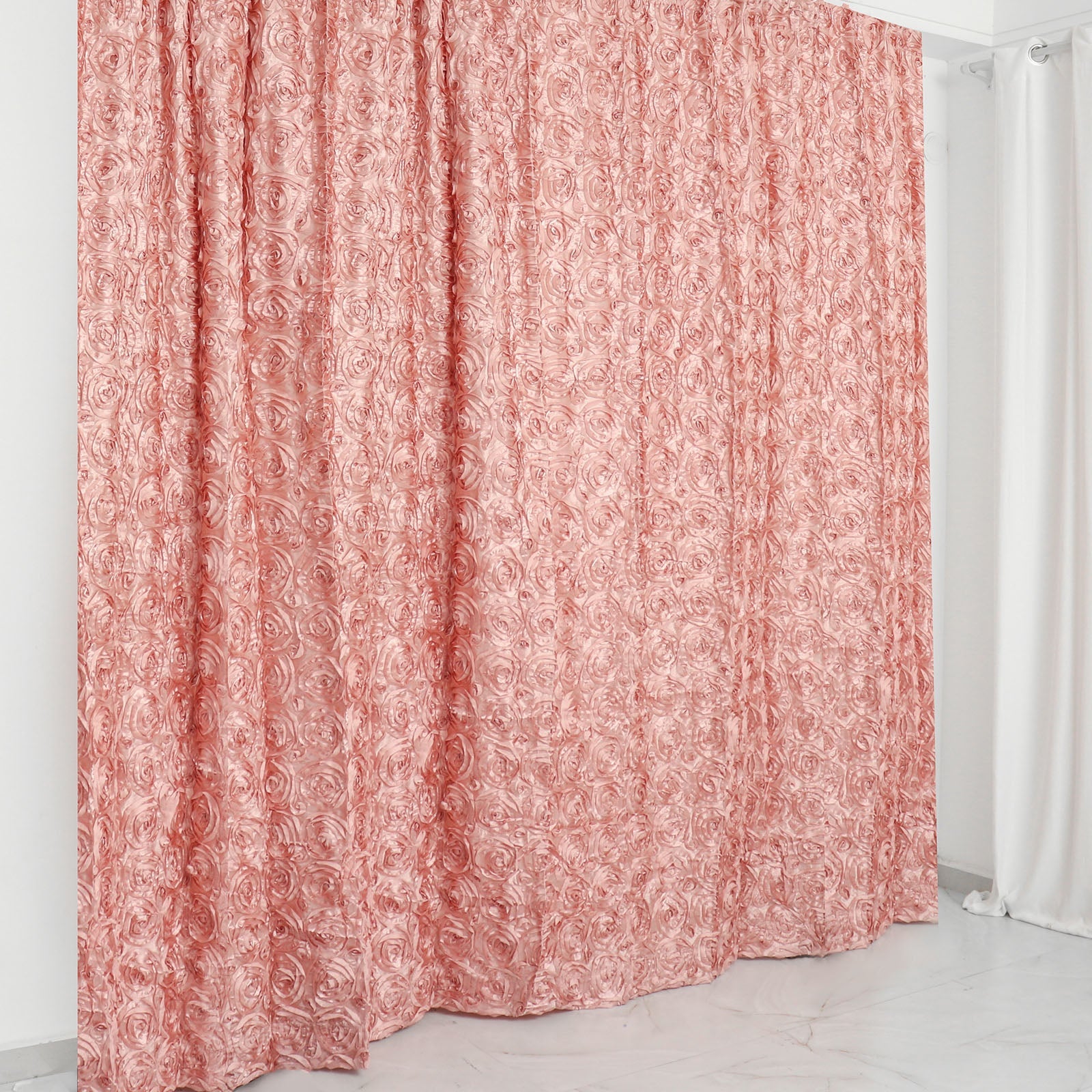 Dusty rose satin rosette event curtain drapes, backdrop panel.