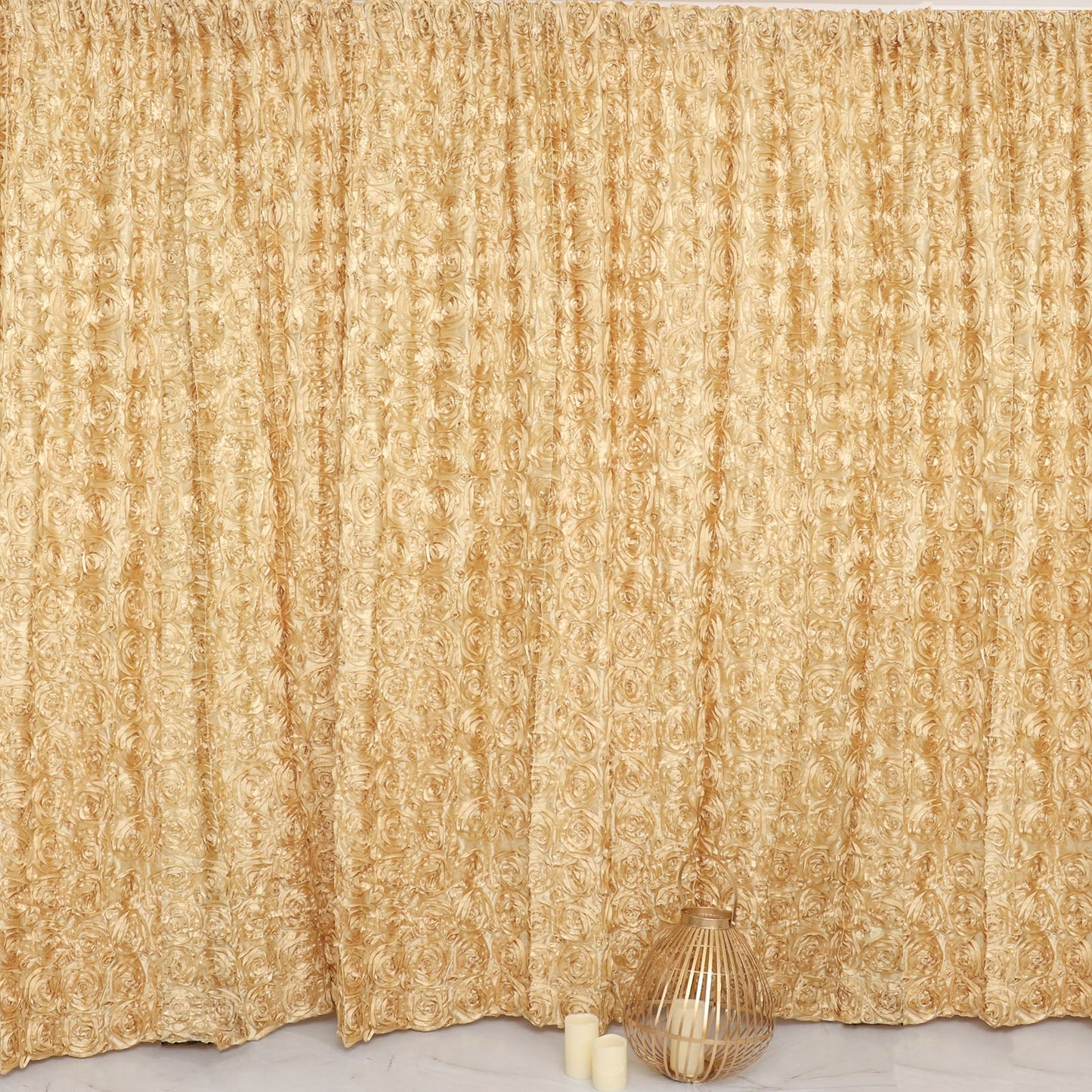 Champagne satin rosette event curtain drapes backdrop panel.