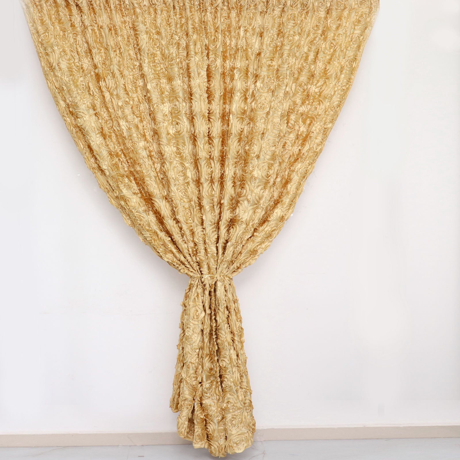 Champagne satin rosette event curtain drapes backdrop panel. #whtbkgd