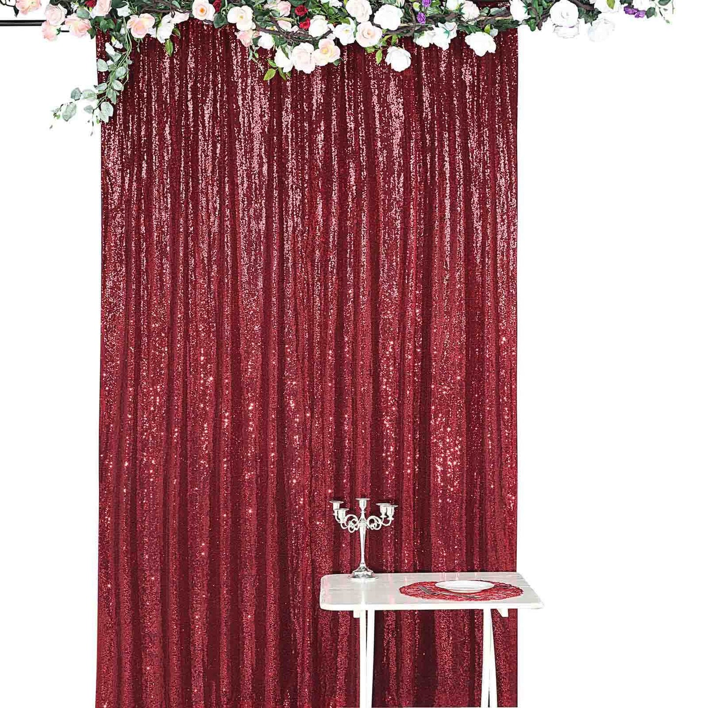 8 Feet x 8 Feet Burgundy Sequin Fabric Semi Sheer Backdrop Curtain 