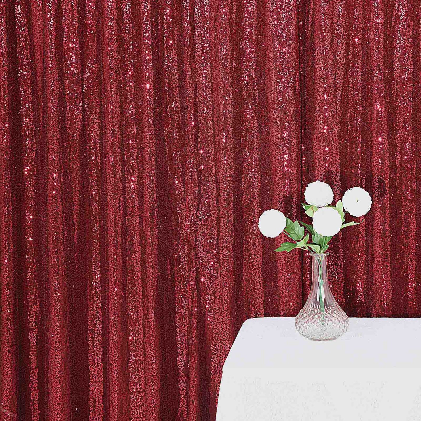 Semi Sheer Backdrop Curtain 8 Feet x 8 Feet Burgundy Sequin Fabric