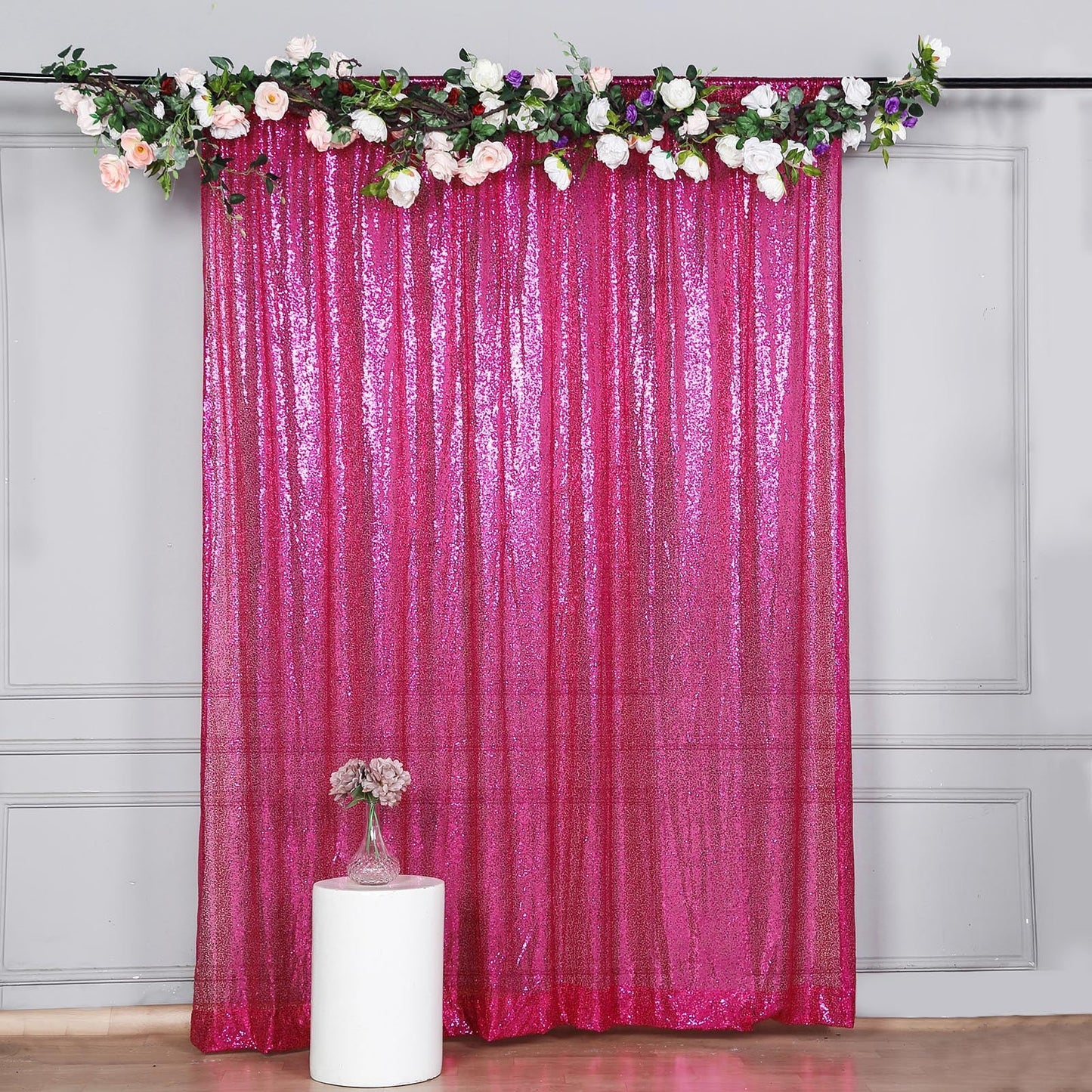 8ftx8ft Fuchsia Sequin Photography Booth Backdrop Semi-Sheer Curtain