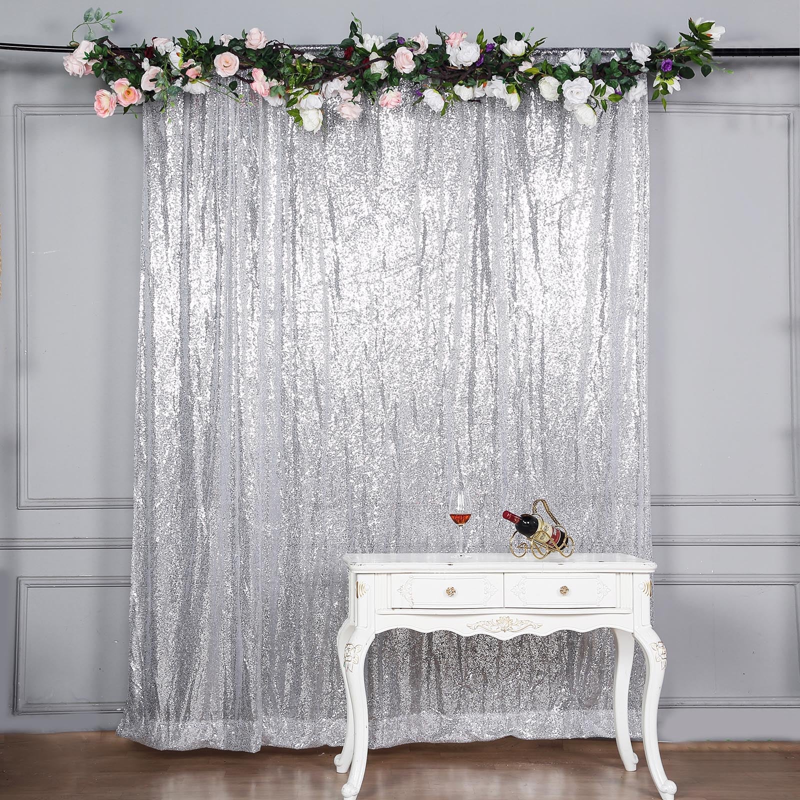 8ftx8ft Silver Sequin Photography Booth Backdrop Semi-Sheer Curtain