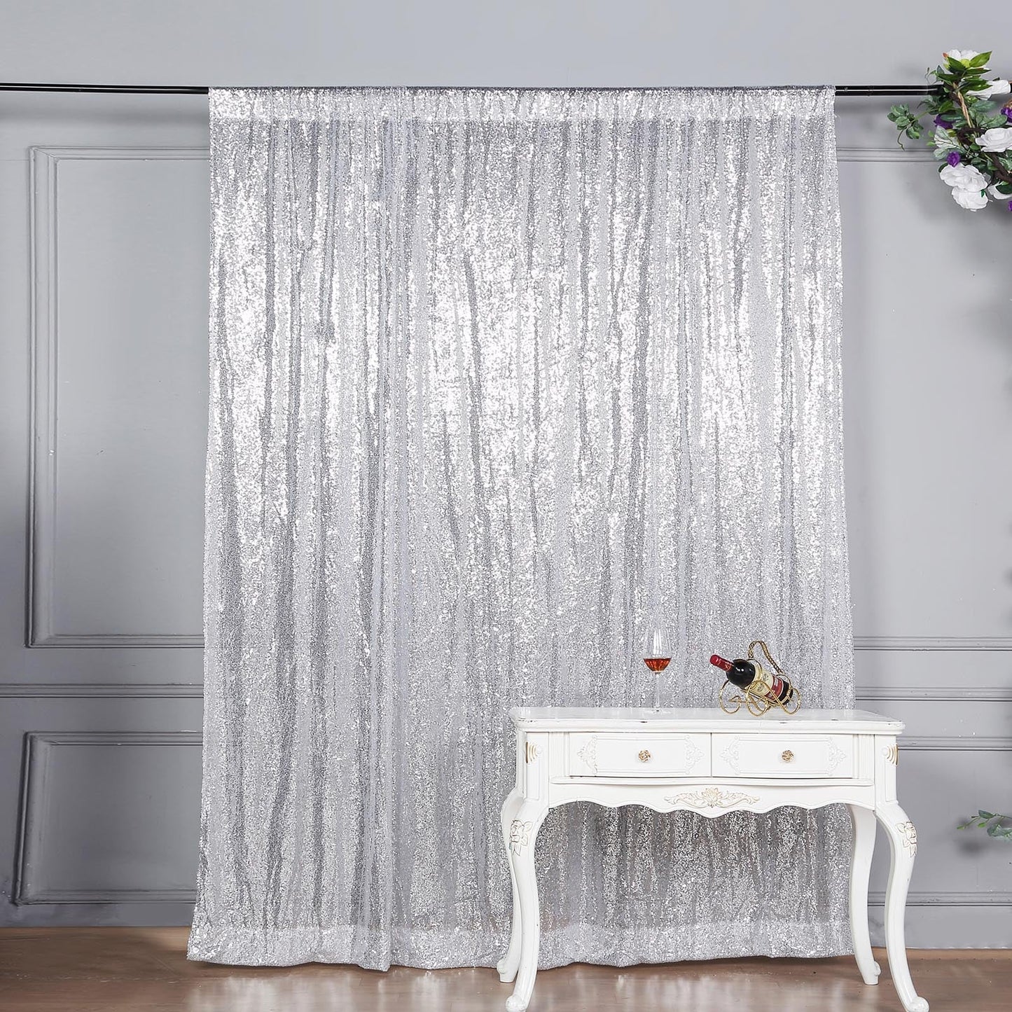 8ftx8ft Silver Sequin Event Curtain Drapes, Backdrop Event Panel