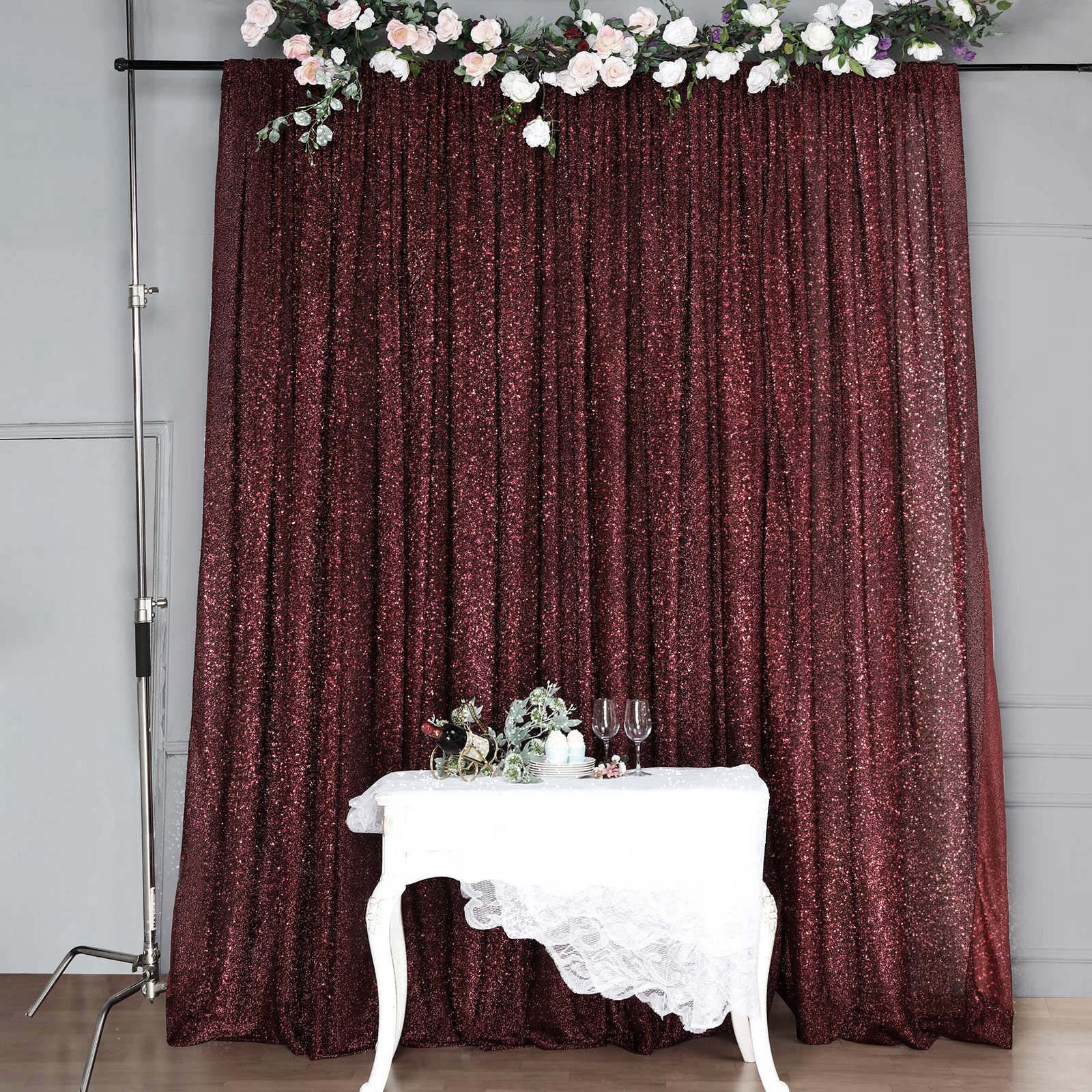 Burgundy metallic shimmer tinsel backdrop event curtain drapes.