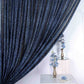 Navy blue metallic shimmer tinsel event curtain drapes backdrop panel.