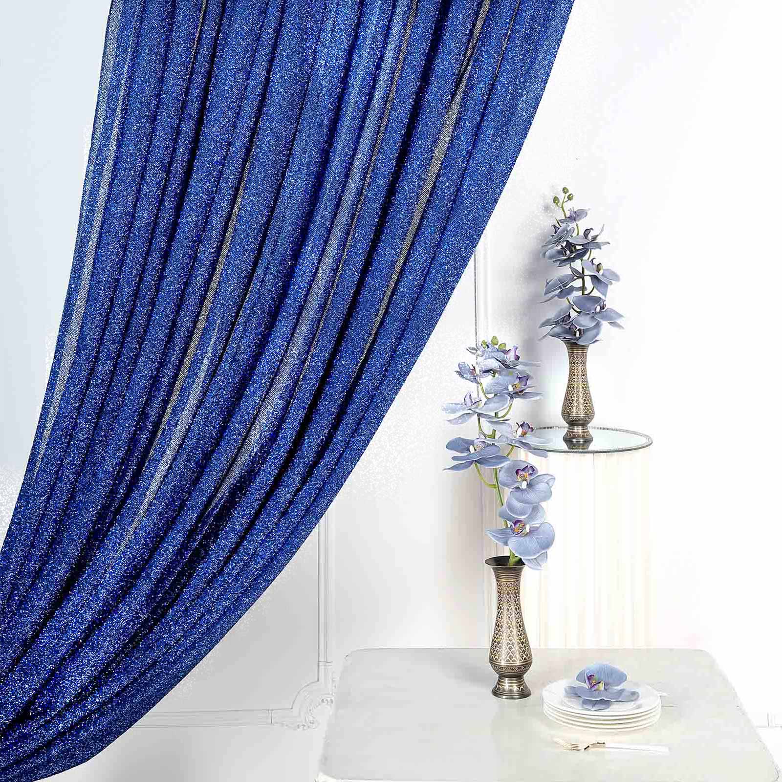 Royal blue metallic shimmer tinsel event curtain drapes backdrop panel.