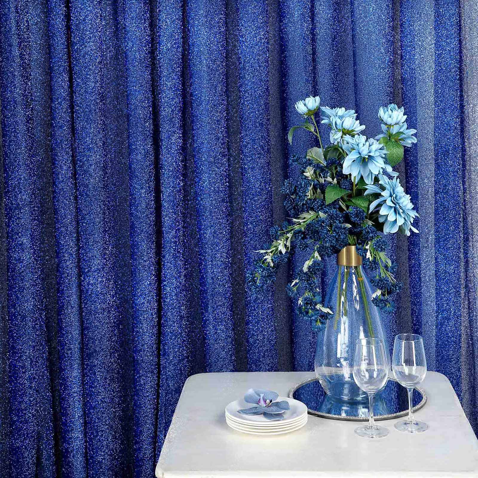 Royal blue metallic shimmer tinsel event curtain drapes backdrop panel.