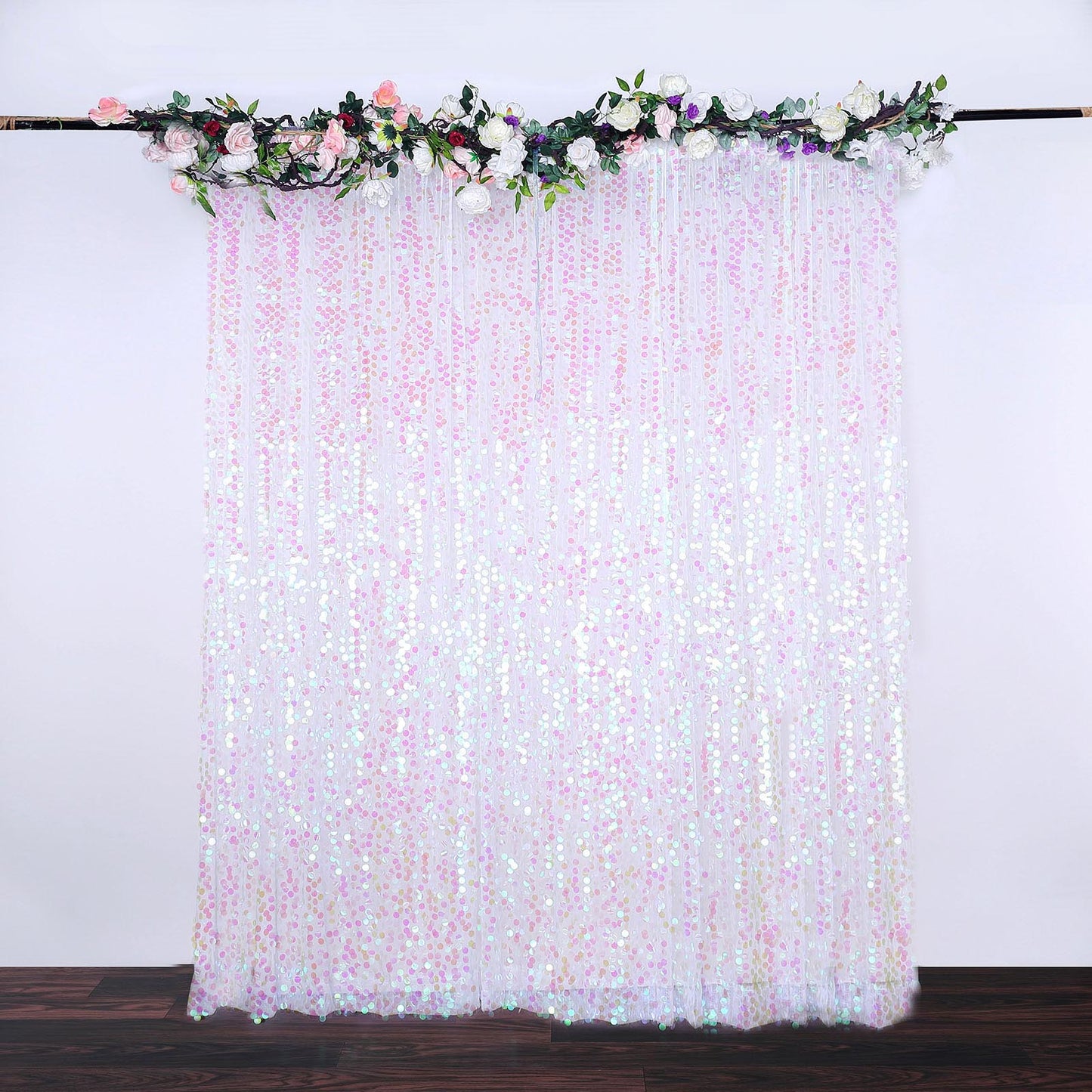 Iridescent sequin event curtain drapes backdrop panel.