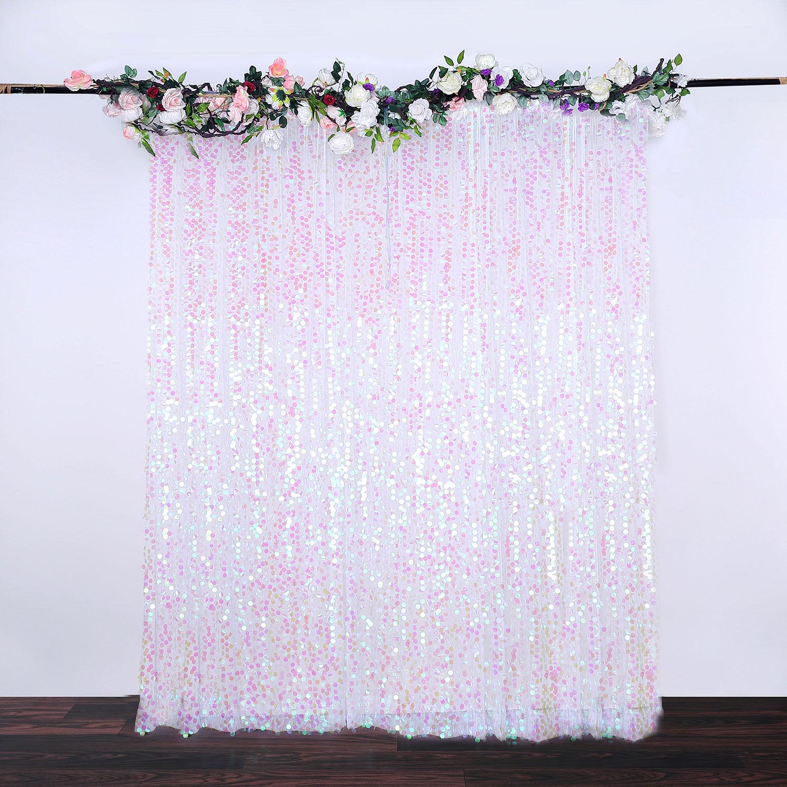 Iridescent sequin event curtain drapes backdrop panel.