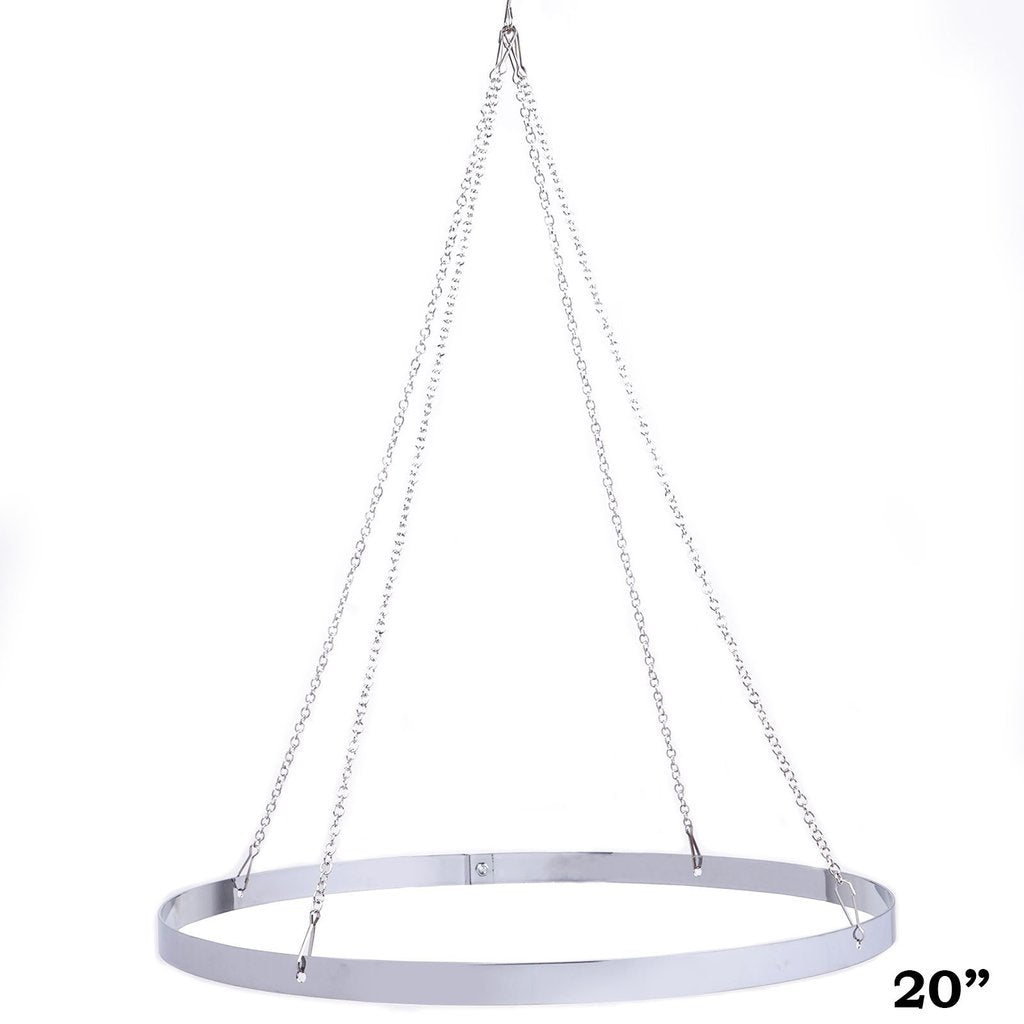Stainless steel hanging hoop for ceiling drape installation.
