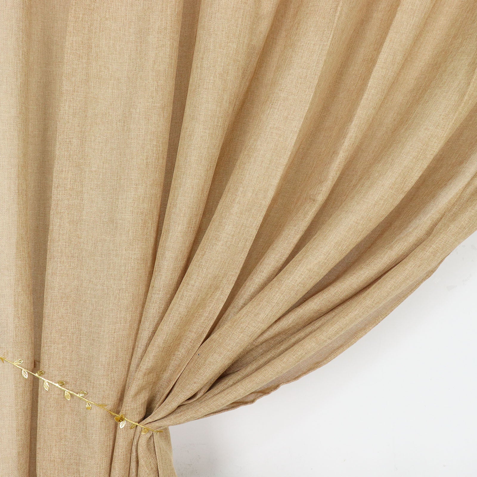 Natural jute faux burlap event curtain drapes in a beige tone.