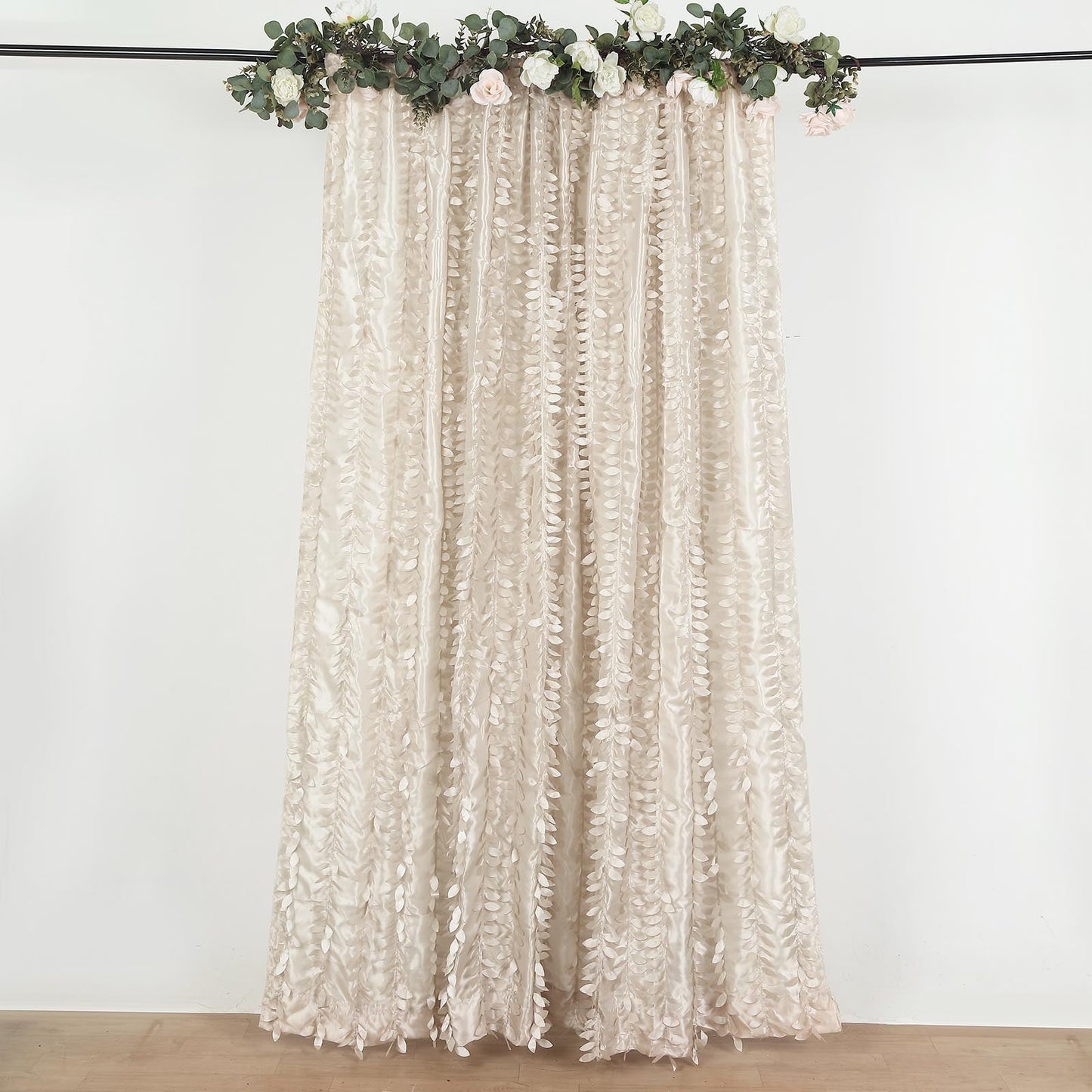 8ftx8ft Beige 3D Leaf Petal Taffeta Event Curtain Drapes, Backdrop Event Panel With Rod Pocket