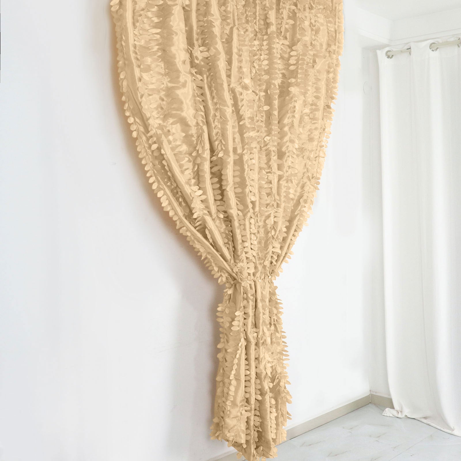 Champagne 3D leaf petal taffeta event curtain drapes.