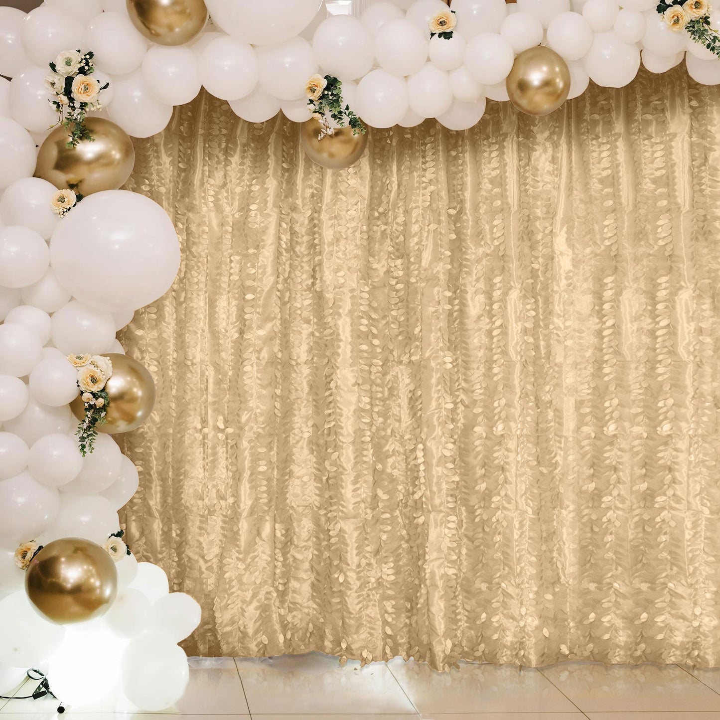 Champagne 3D leaf petal taffeta event curtain drapes backdrop panel.