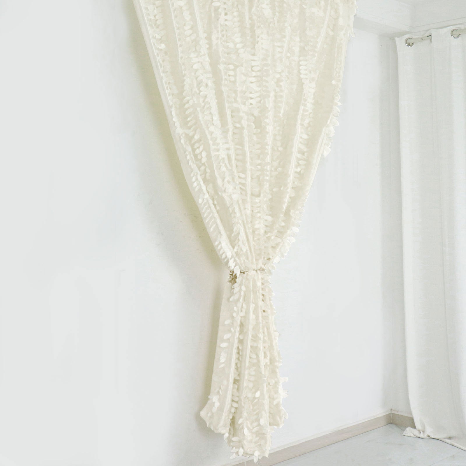 Ivory 3D leaf petal taffeta event curtain drapes, elegant backdrop panel.