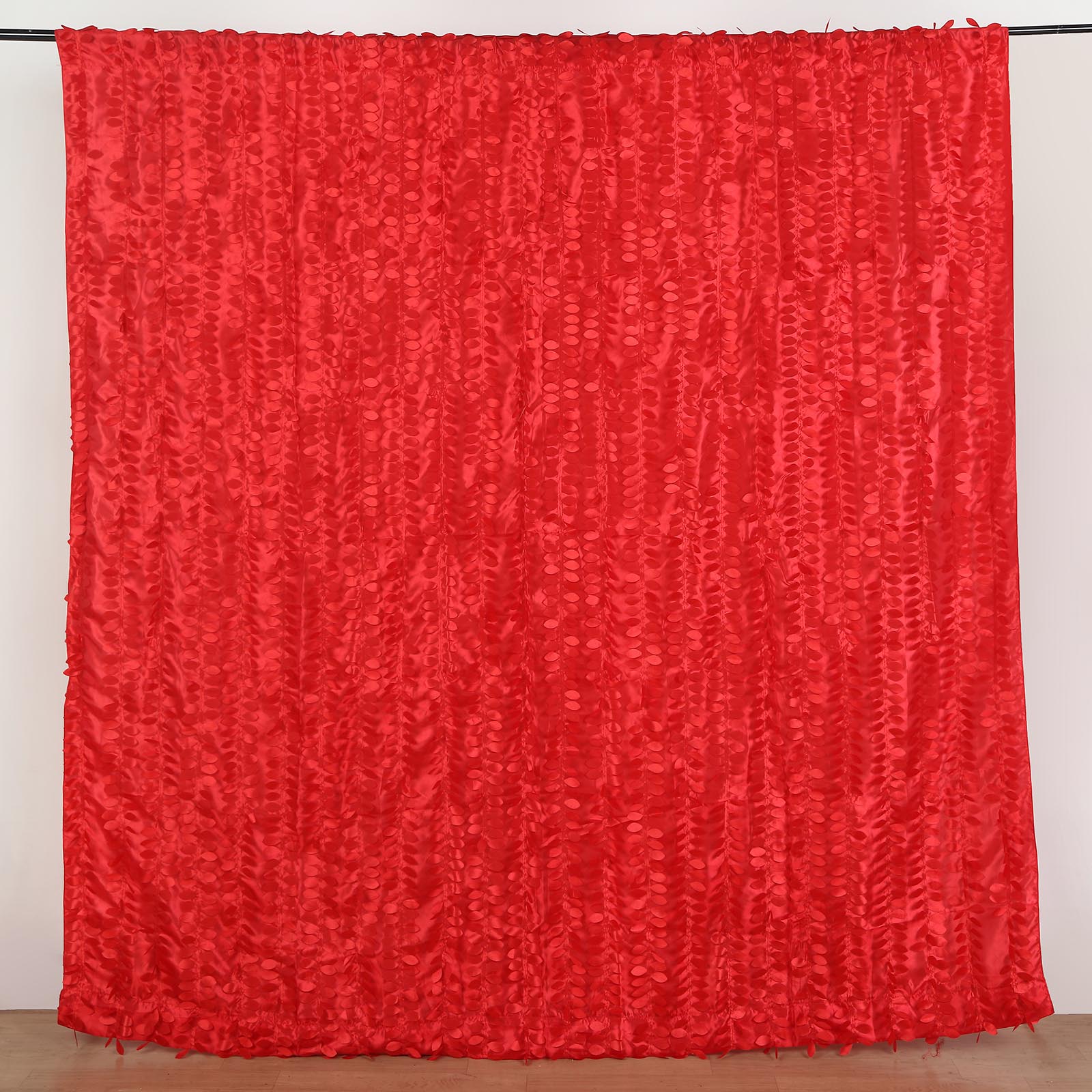 Red 3D leaf petal taffeta event curtain drapes backdrop panel.
