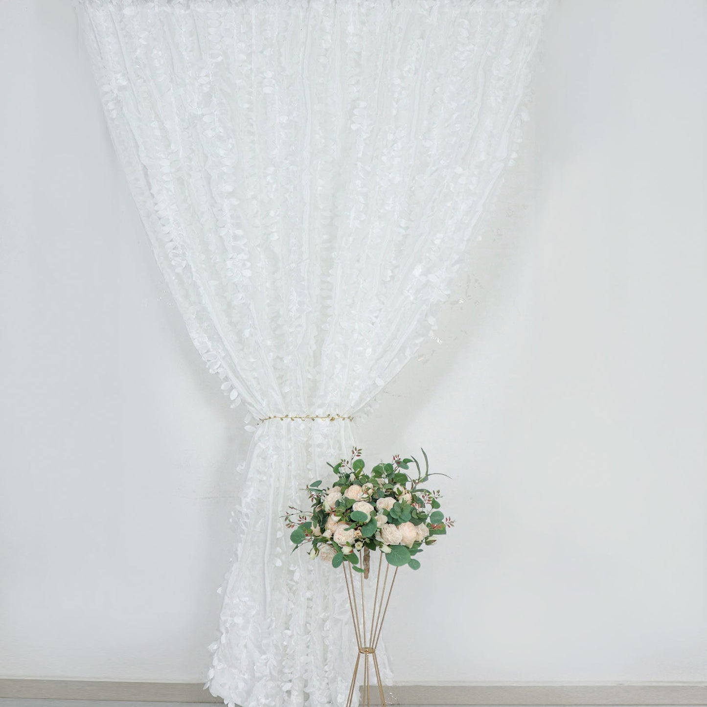 White 3D Leaf Petal Taffeta Event Curtain Drapes with Rod Pocket