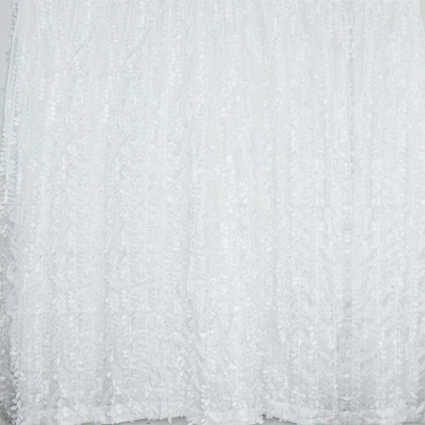 White 3D leaf petal taffeta event curtain drapes, backdrop panel.