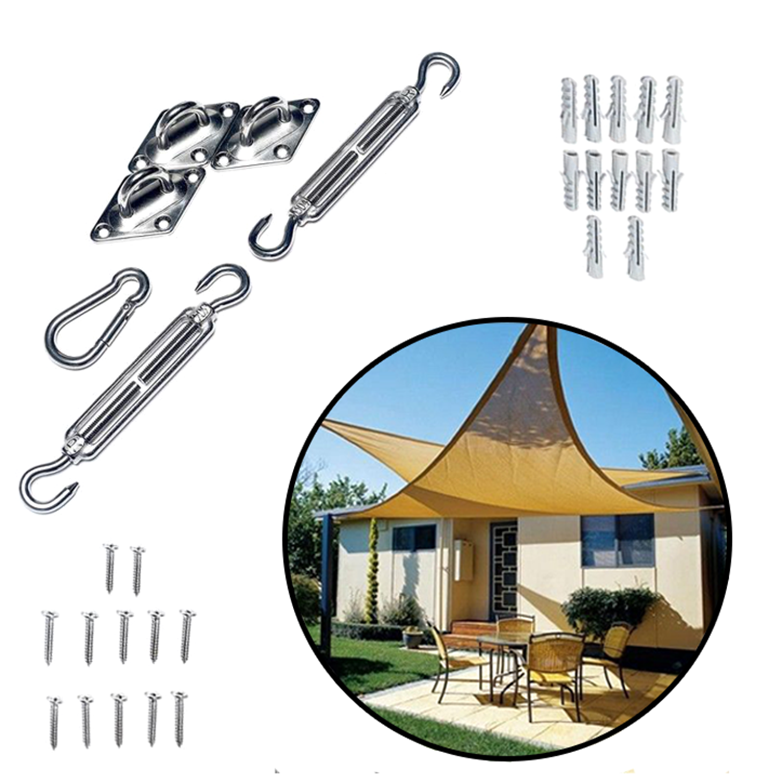 Triangle stainless steel sun shade sail installation hardware kit in silver.