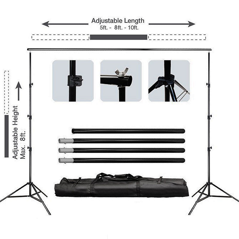 Metal Adjustable Backdrop Stand 8 Feet x 10 Feet Kit With FREE Clips